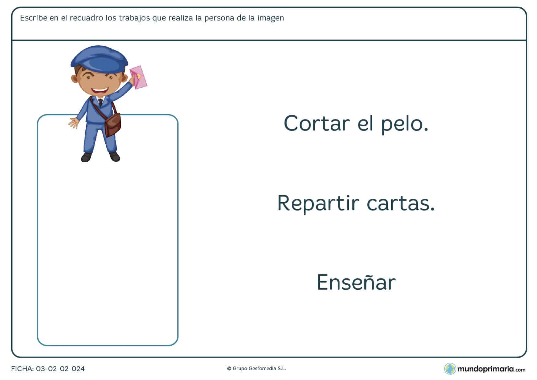 Ficha de profesiones para aprender el vocabulario de los trabajos y cada profesional en 1º de Primaria.