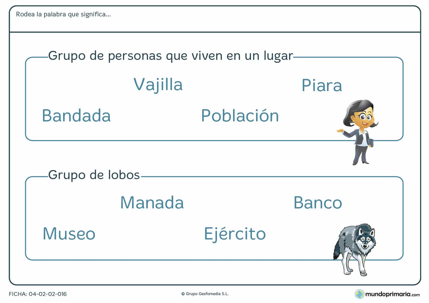 Ficha para niños de segundo de primaria de relacionar palabras con el grupo de objetos en la que tendrás que identificar qué palabra designa al grupo de objetos especificado en el enunciado.