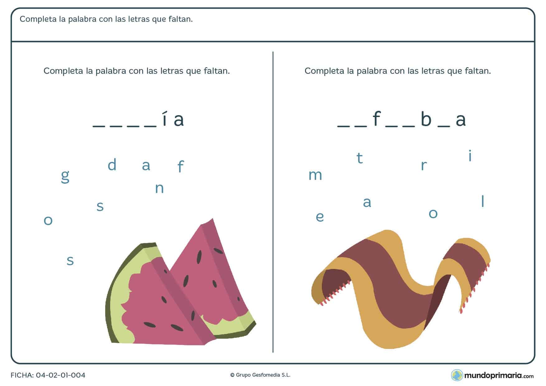 Ficha de rellenar los huecos con las letras correctas para formar palabras para niños de primaria