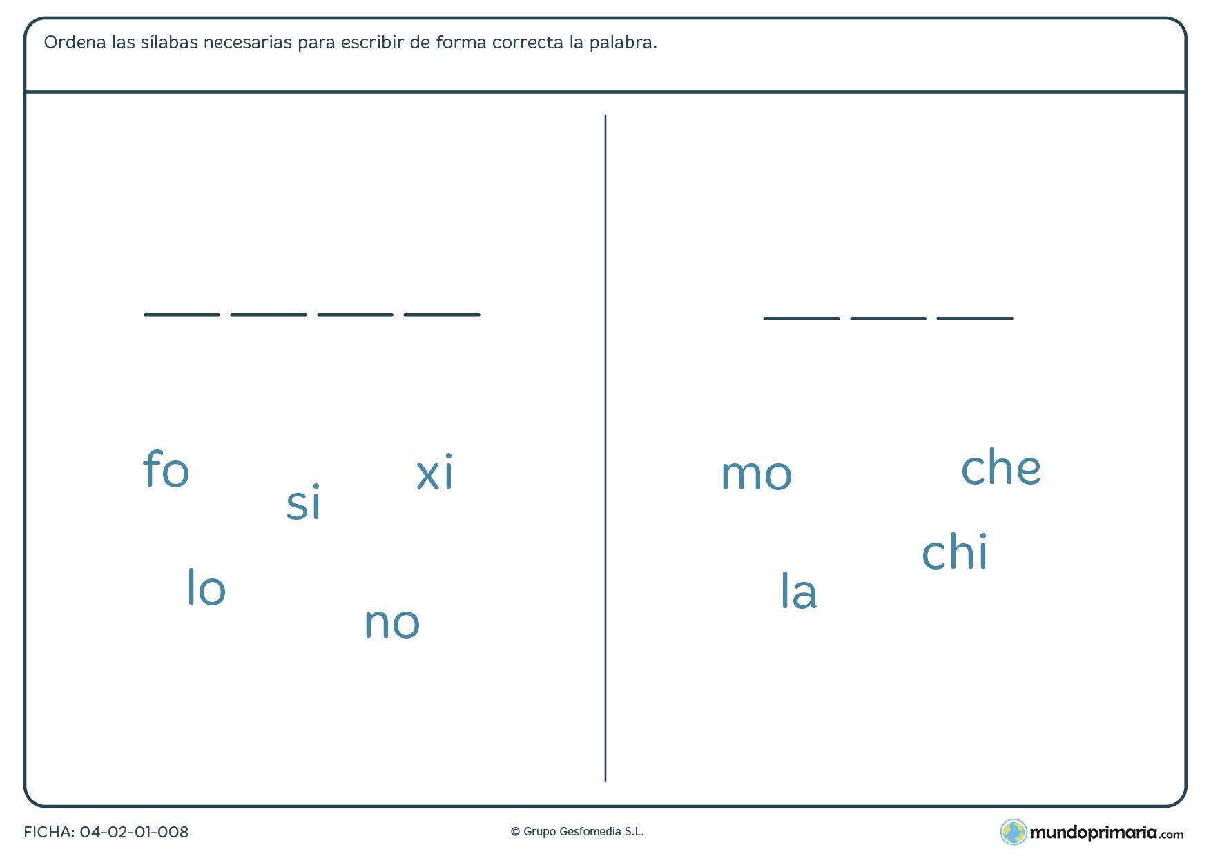 Ficha de rellenar los huecos con las sílabas correctas para niños de primaria