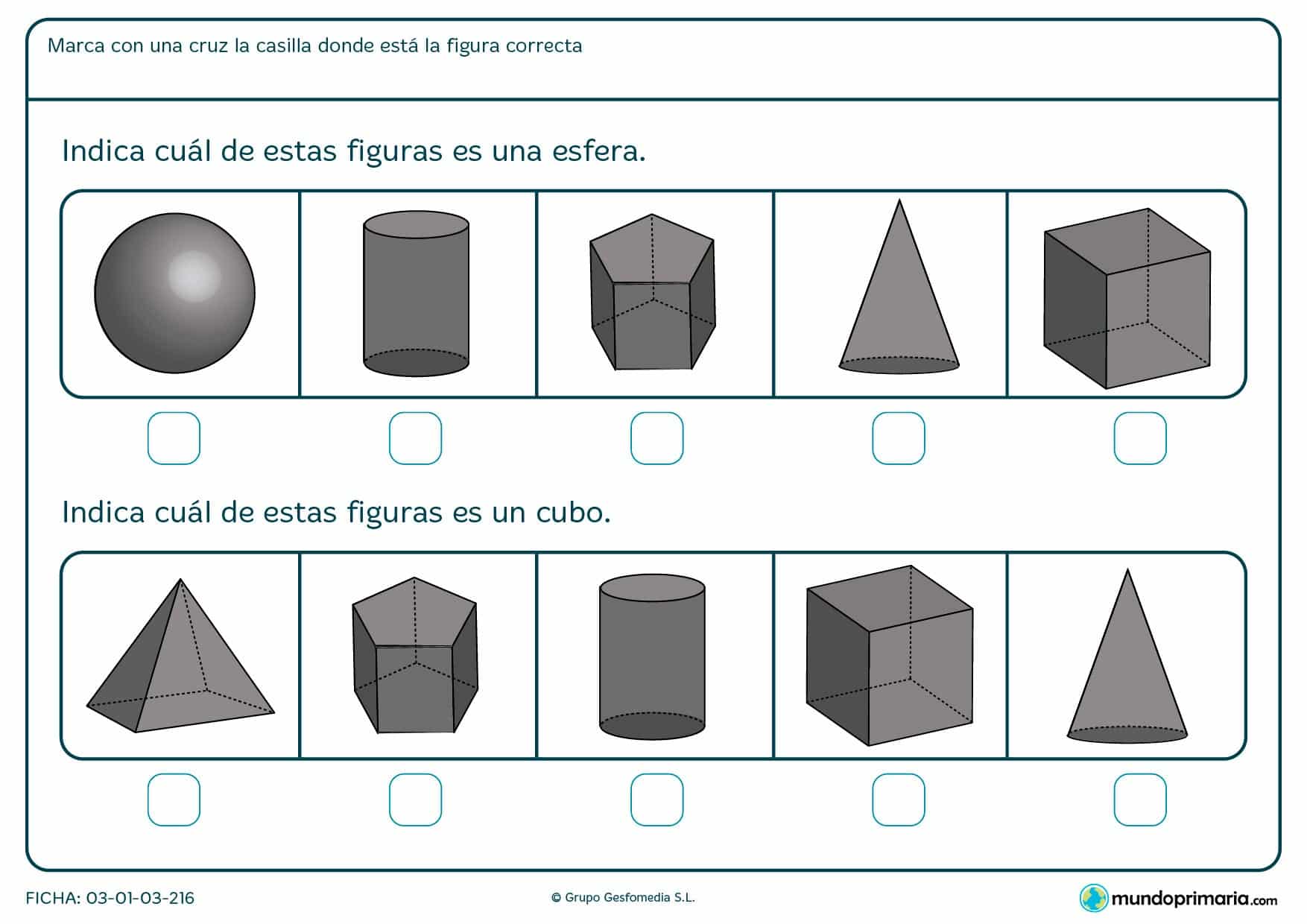 Ficha para niños de primero de primaria para aprender formas y señalas entre las distintas figura cuál es el cubo o la esfera.