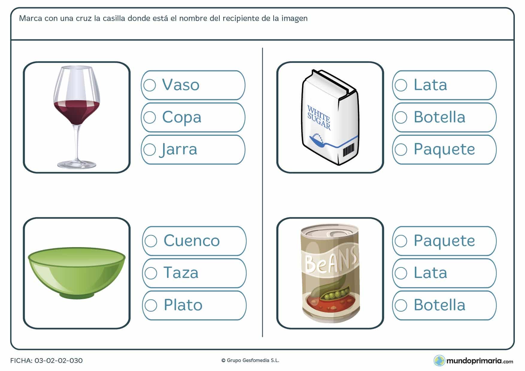 Ficha de señalar el nombre del recipiente para aprender vocabulario en 1º de Primaria.
