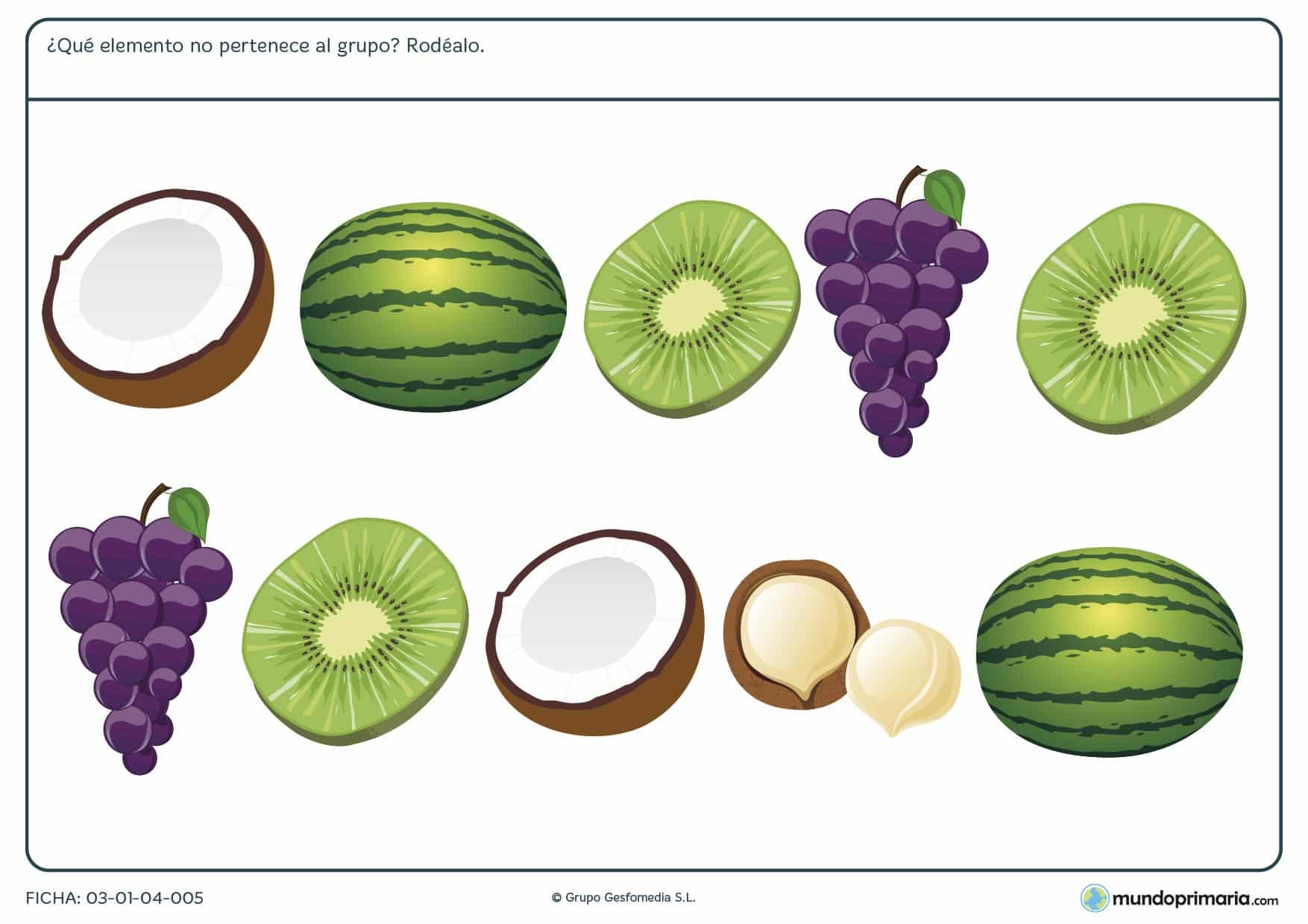 En la ficha de tipos de fruta para niños de 6 a 7 años deben encontrar el elemento que no pertenece al grupo de frutas, ejercicios para primaria