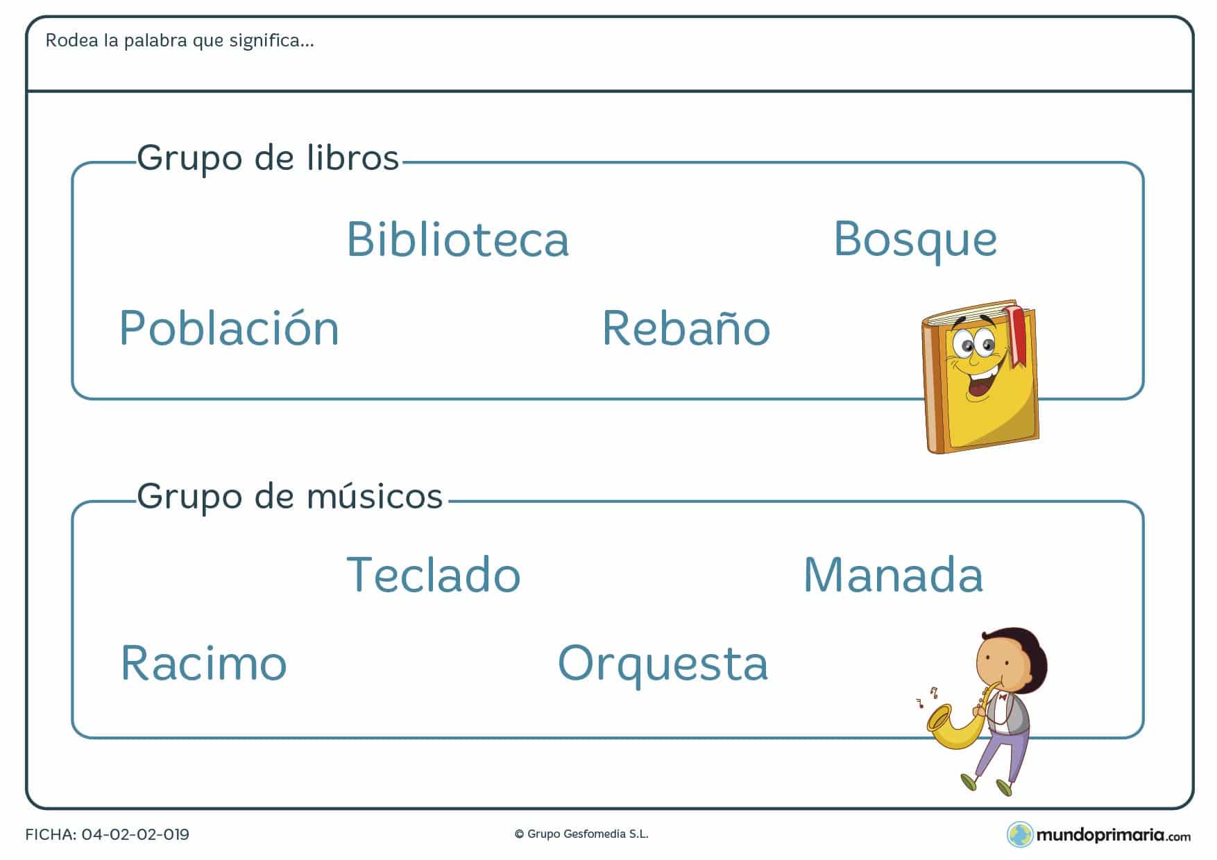Ficha para niños de primaria de unir la palabra con el grupo de objetos en la que tendrás que identificar qué palabra designa al grupo de objetos especificado en el enunciado.