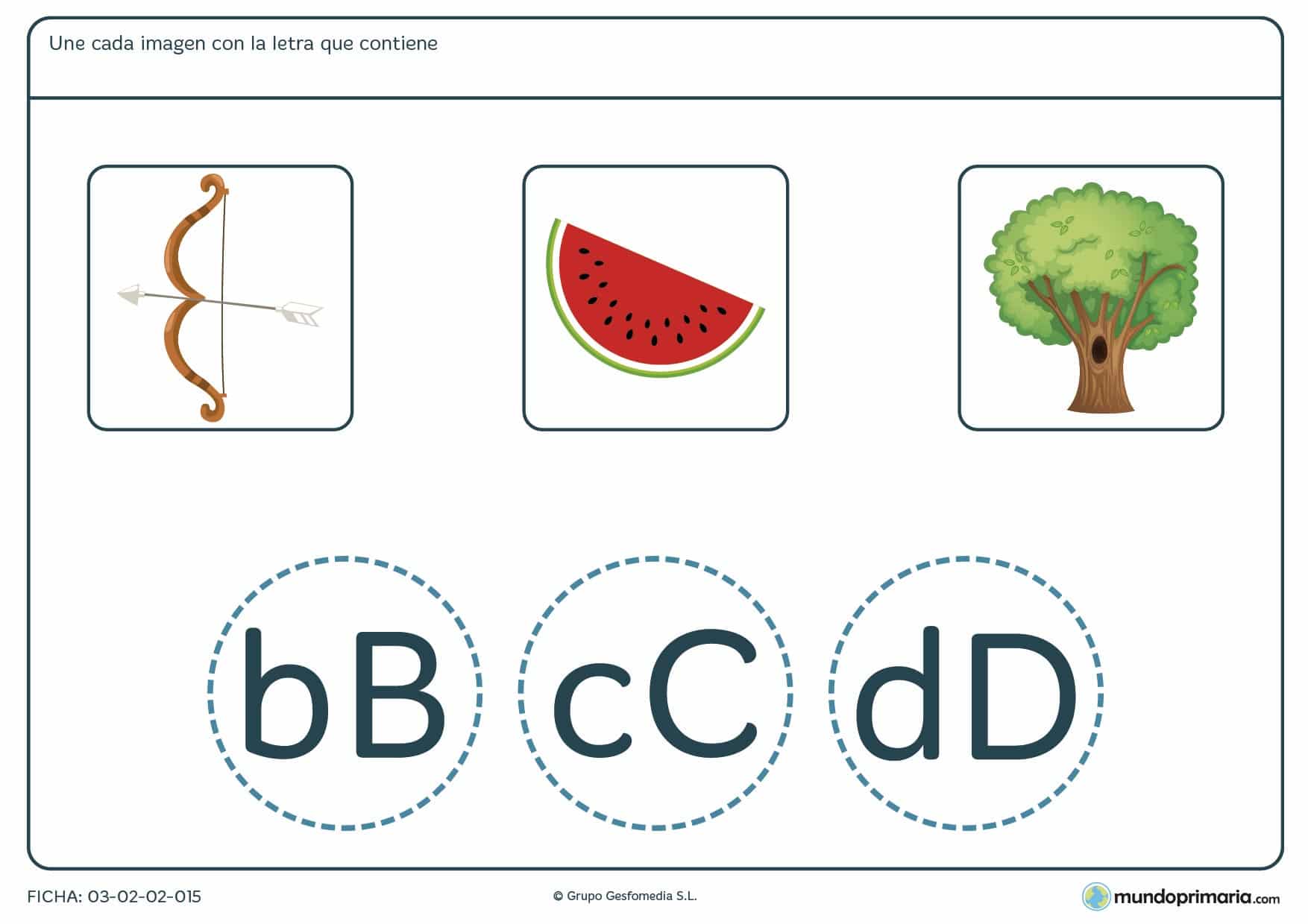 Ficha de unir las imágenes con su letra correspondiente para practicar ortografía y vocabulario en primer curso de Primaria.