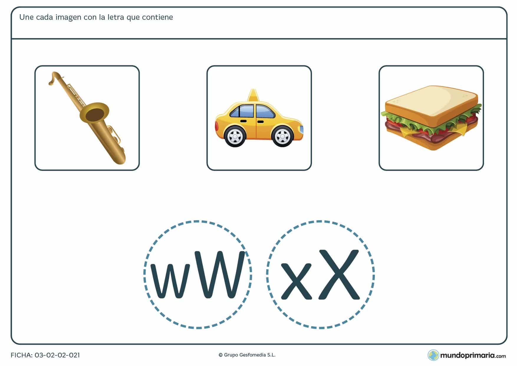 Ficha de unir letras y palabras para aprender vocabulario y ortografía en 1º de Primaria.