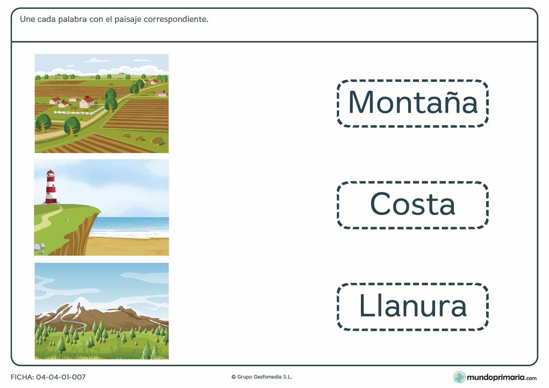 Ficha de unir paisajes en imágenes con sus correspondientes palabras.