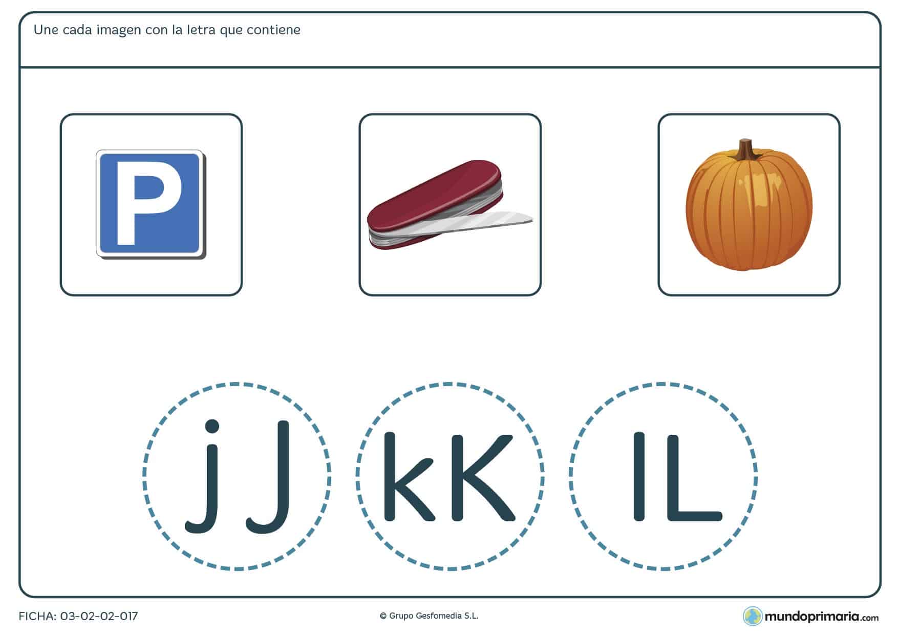 Ficha de unir palabras con sus letras para practicar vocabulario y ortografía en 1º de Primaria.