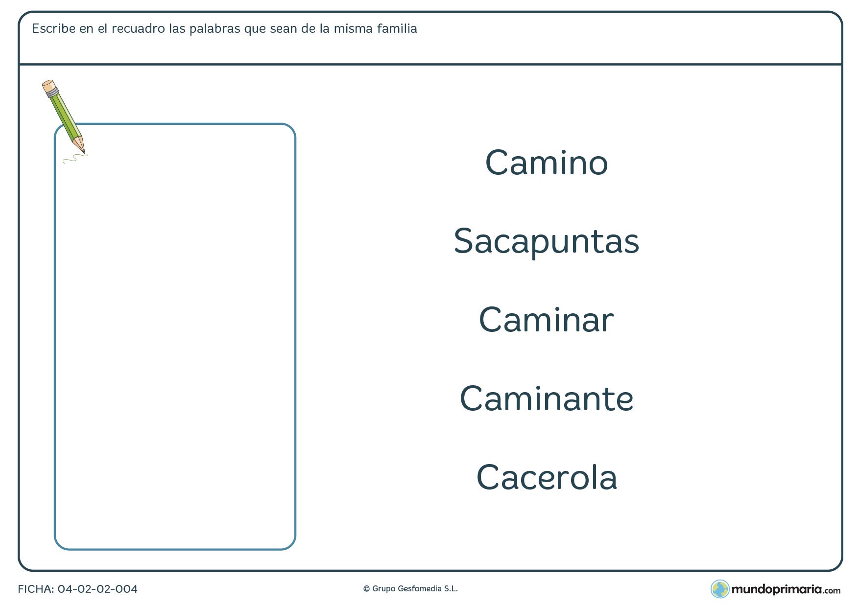 Ficha de unir palabras según su familia para segundo de primaria en la que debes agrupar aquellas palabras que sean de la misma familia.