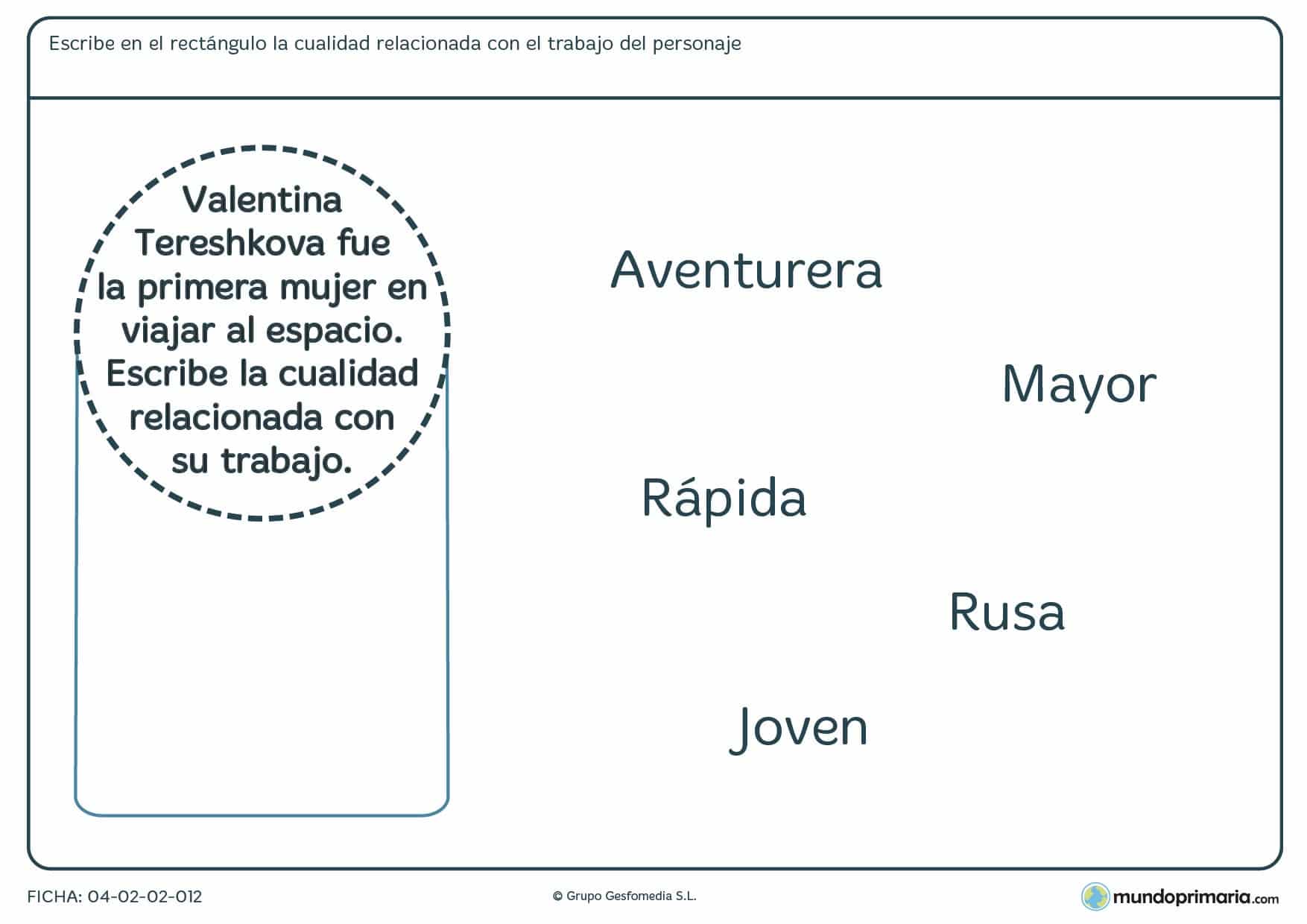 Ficha para niños de primaria de unir un empleo con una cualidad en la que tendrás que relacionar alguno de los adjetivos dados con la descripción de un personaje.