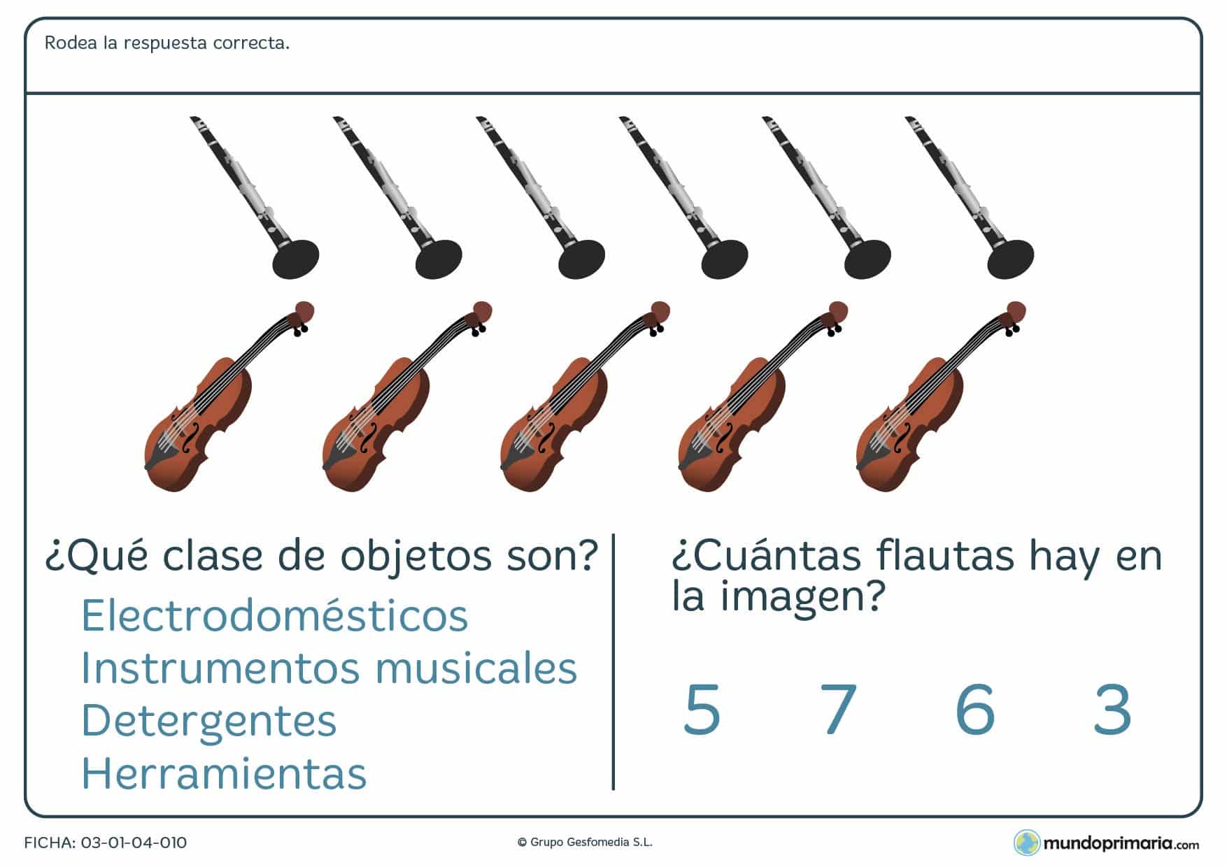 Esta ficha de varios objetos para niños de 1º de primaria plantea una serie de cuestiones sobre un grupo de objetos