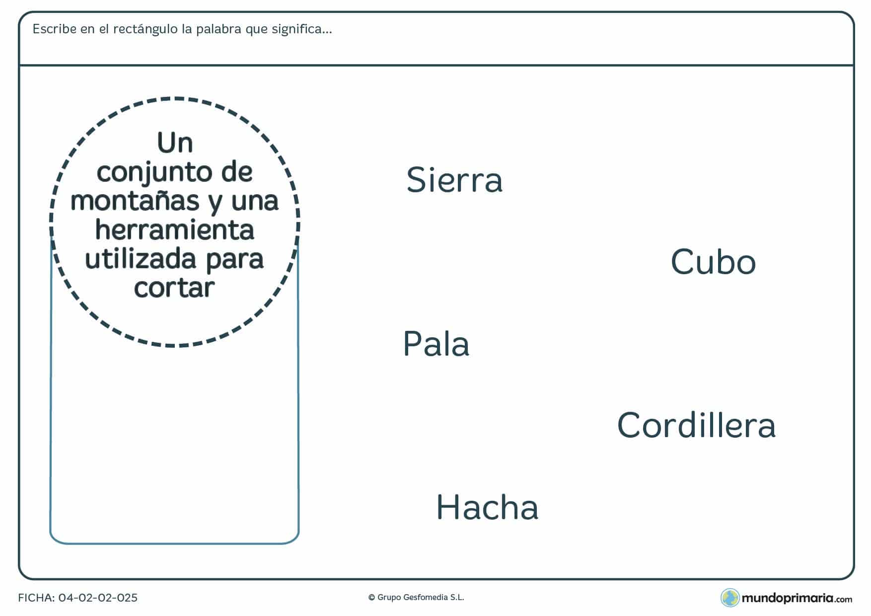 Ficha de niños de primaria del significado de palabras en la que tendrás que relacionar alguna de las palabras dadas con la descripción que aparece en el círculo.