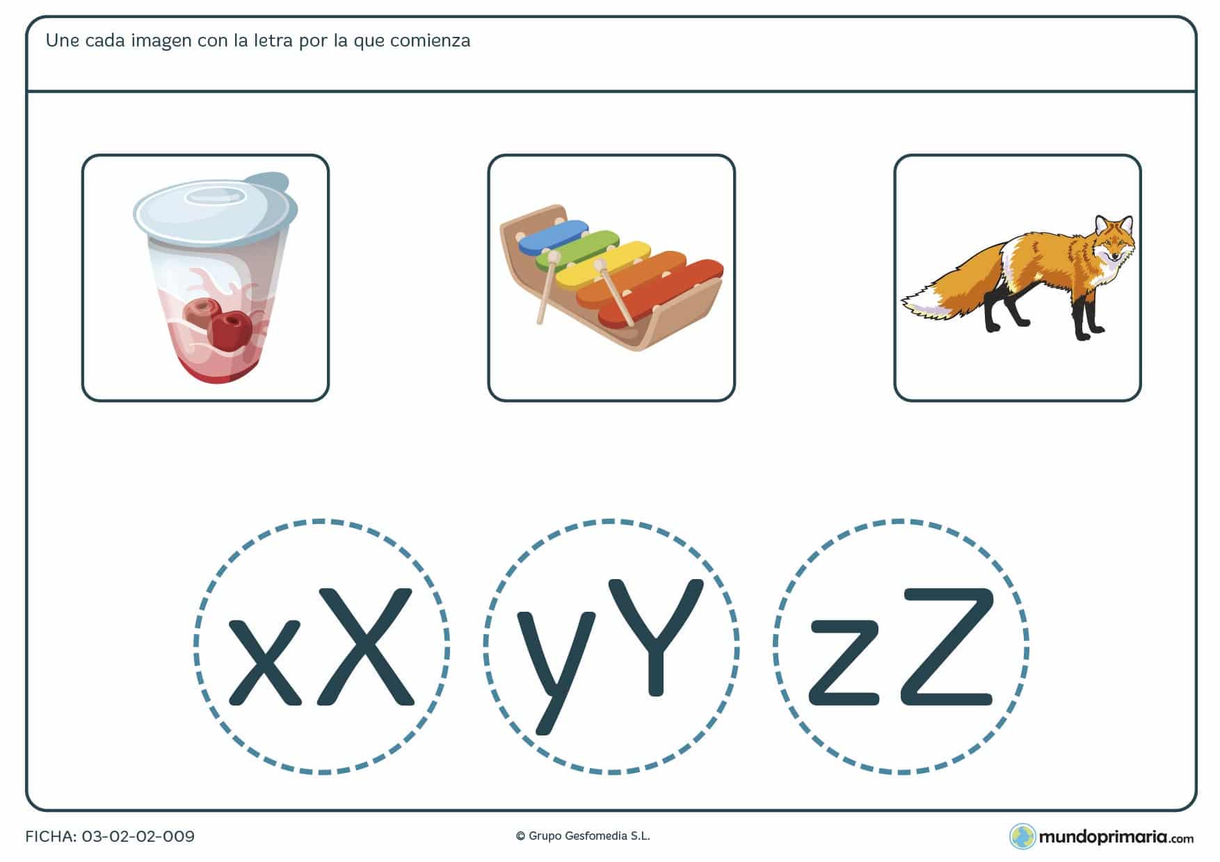 Ficha para relacionar imágenes con sus letras iniciales para aprender vocabulario en 1º Primaria.