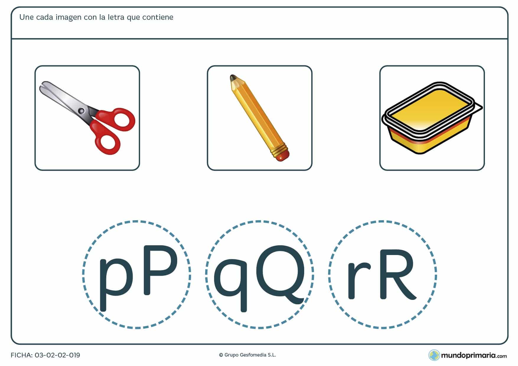 Ficha para unir letras e imágenes y aprender vocabulario y practicar la ortografía en 1º de Primaria.