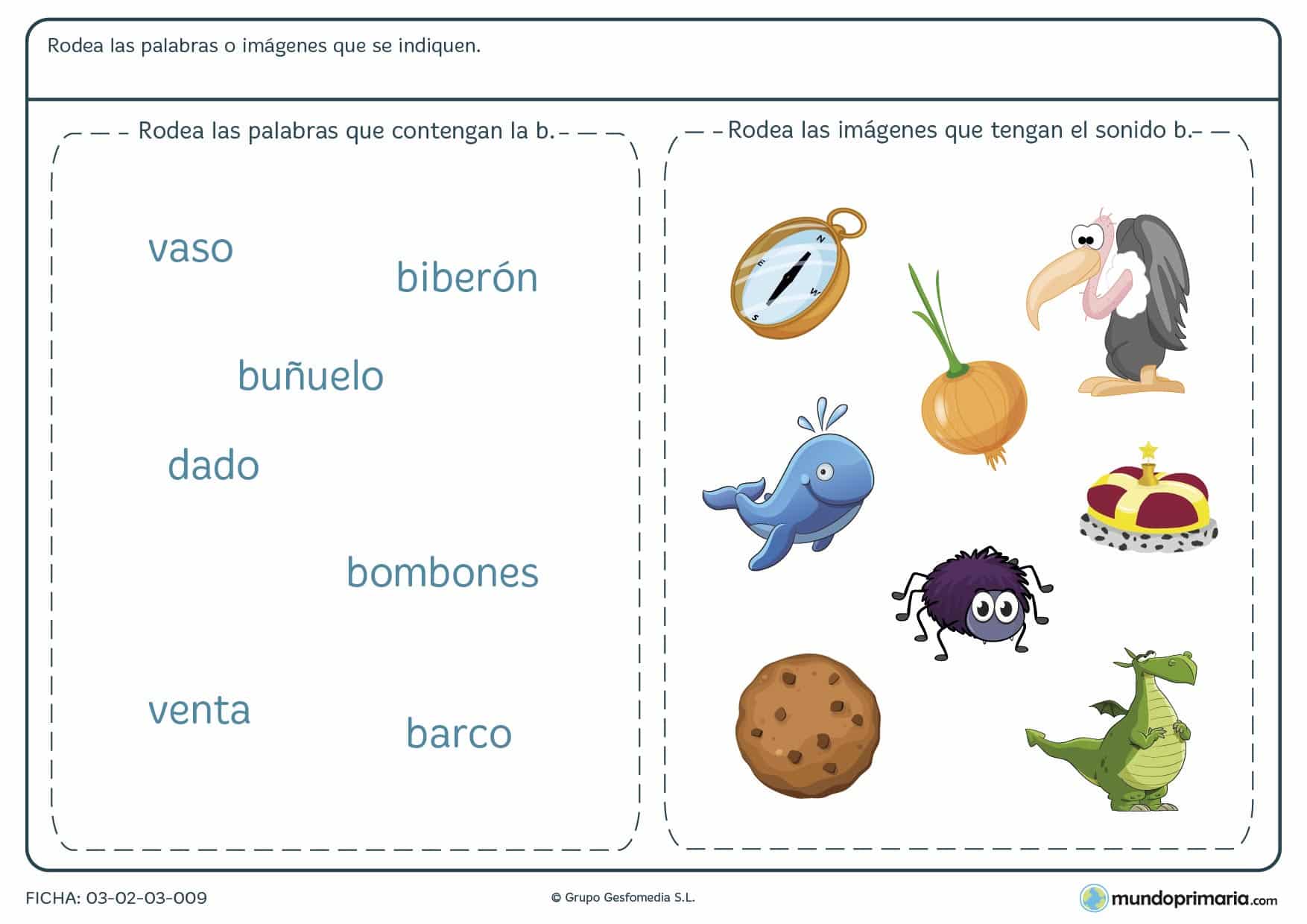 Ficha sobre la letra B para identificar las palabras e imágenes que contienen la letra B.