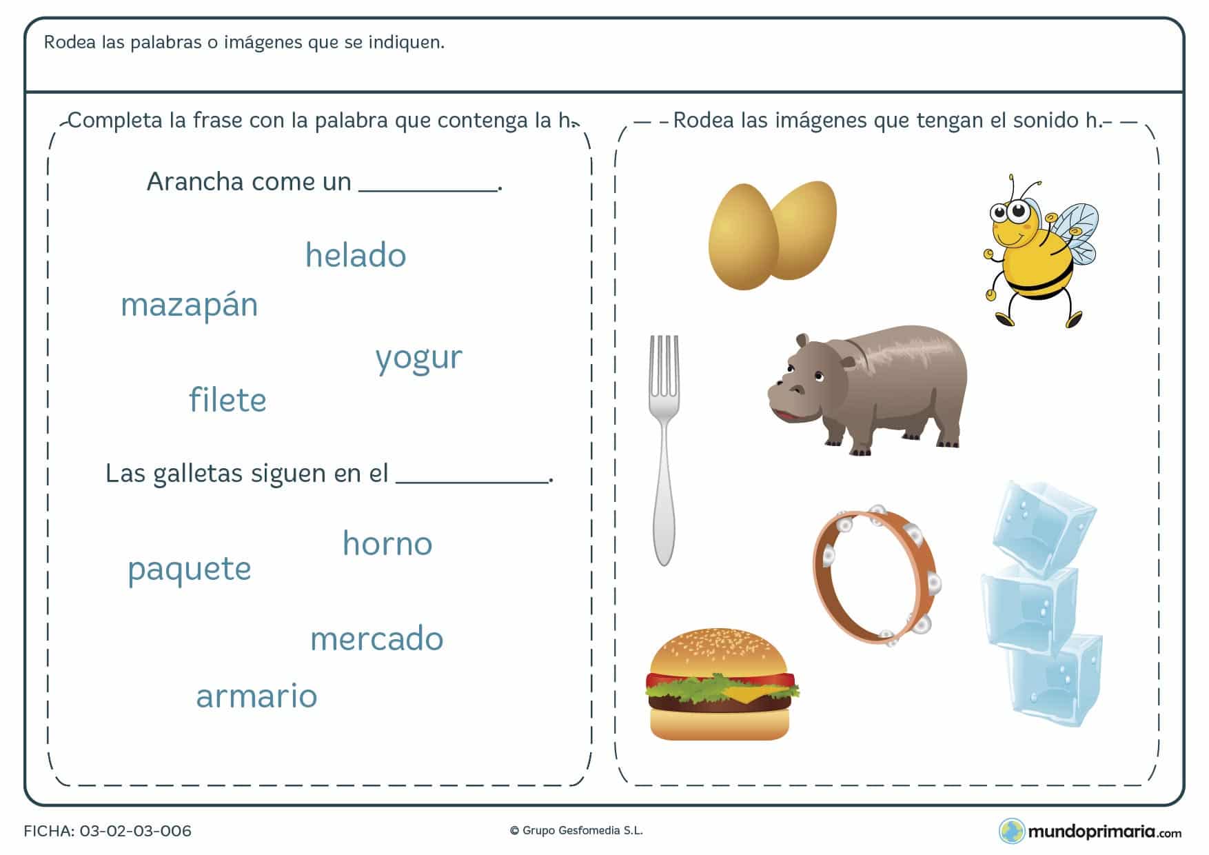 Ficha sobre palabras con la letra H para elegir palabras e imágenes con la H.