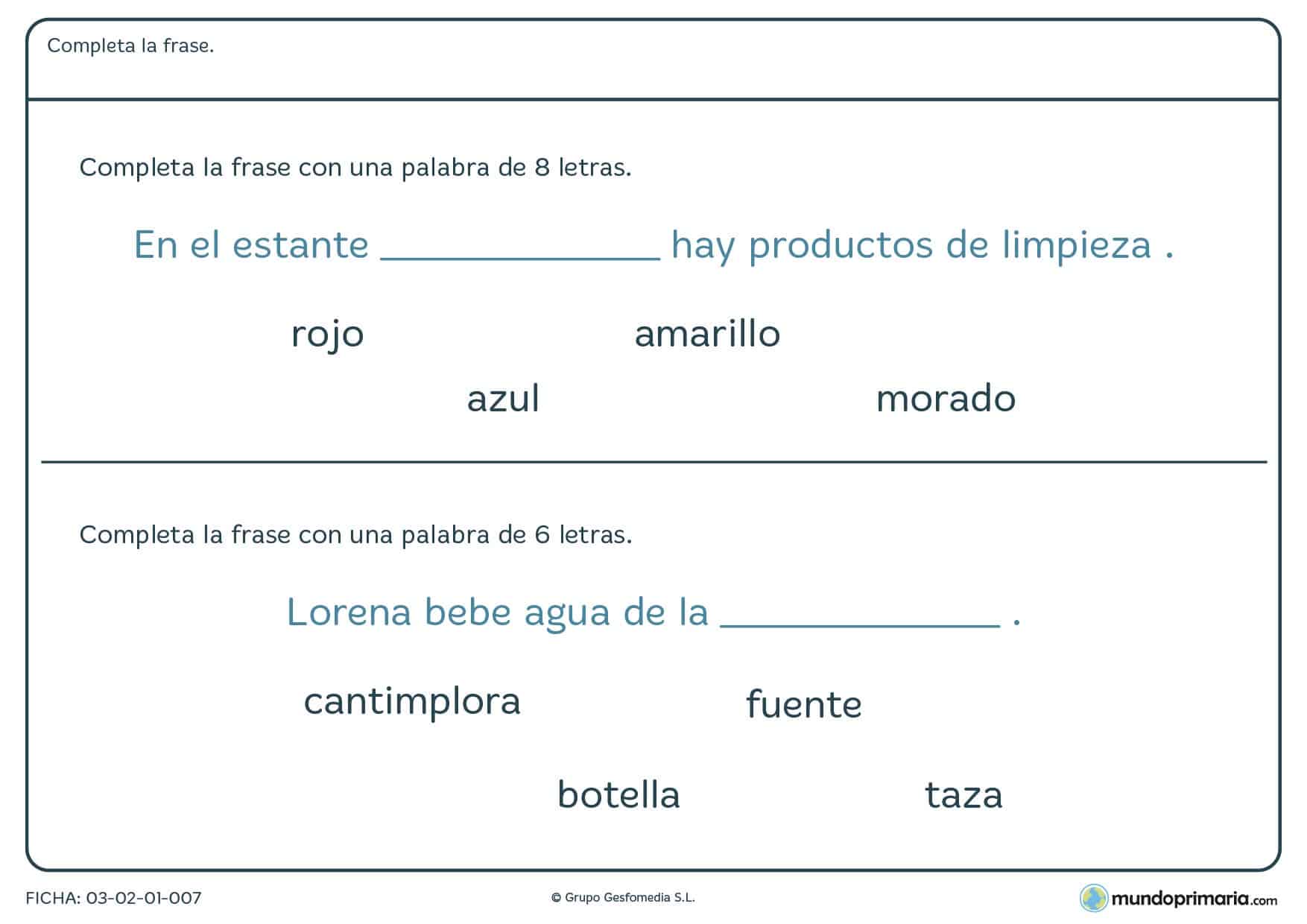 Rellena con la palabra adecuada con esta ficha para rellenar la frase con palabras para niños de primaria