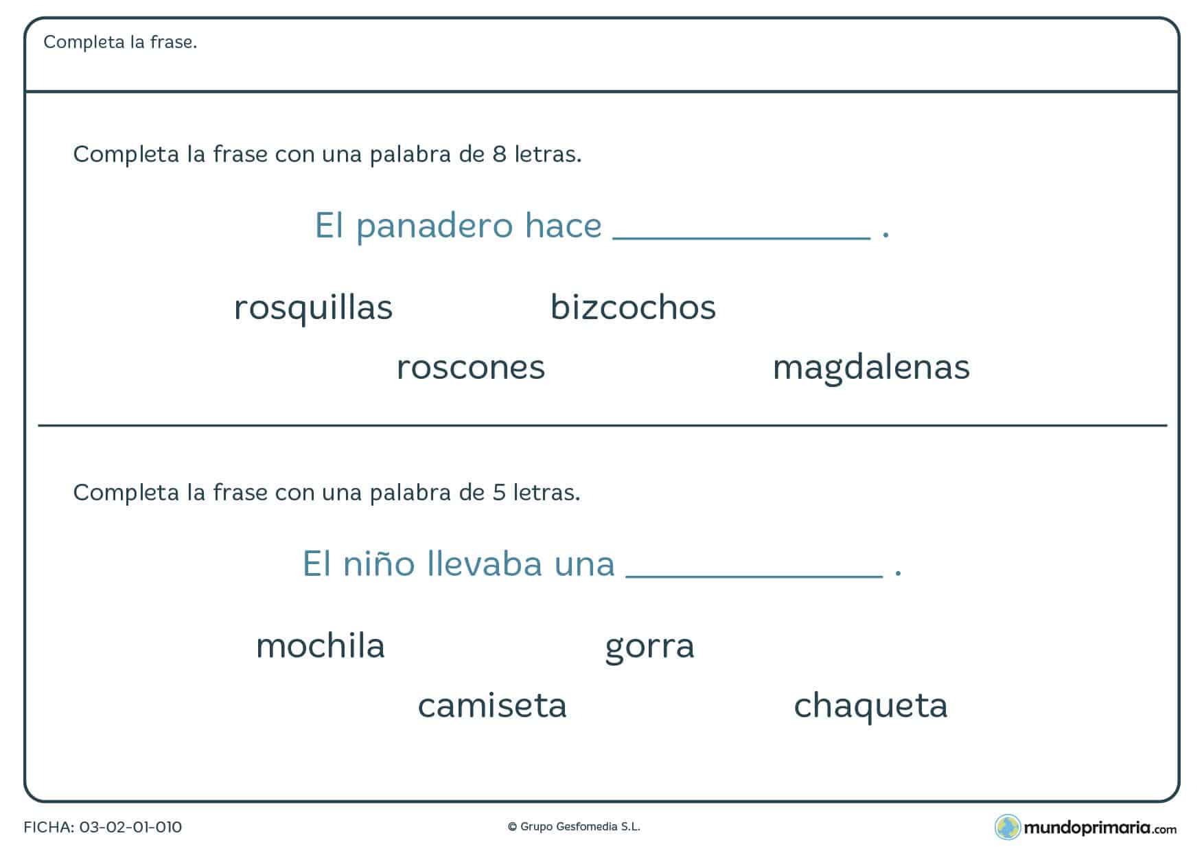 Realiza esta ficha de frases incompletas para repasar lenguaje de 1º de primaria