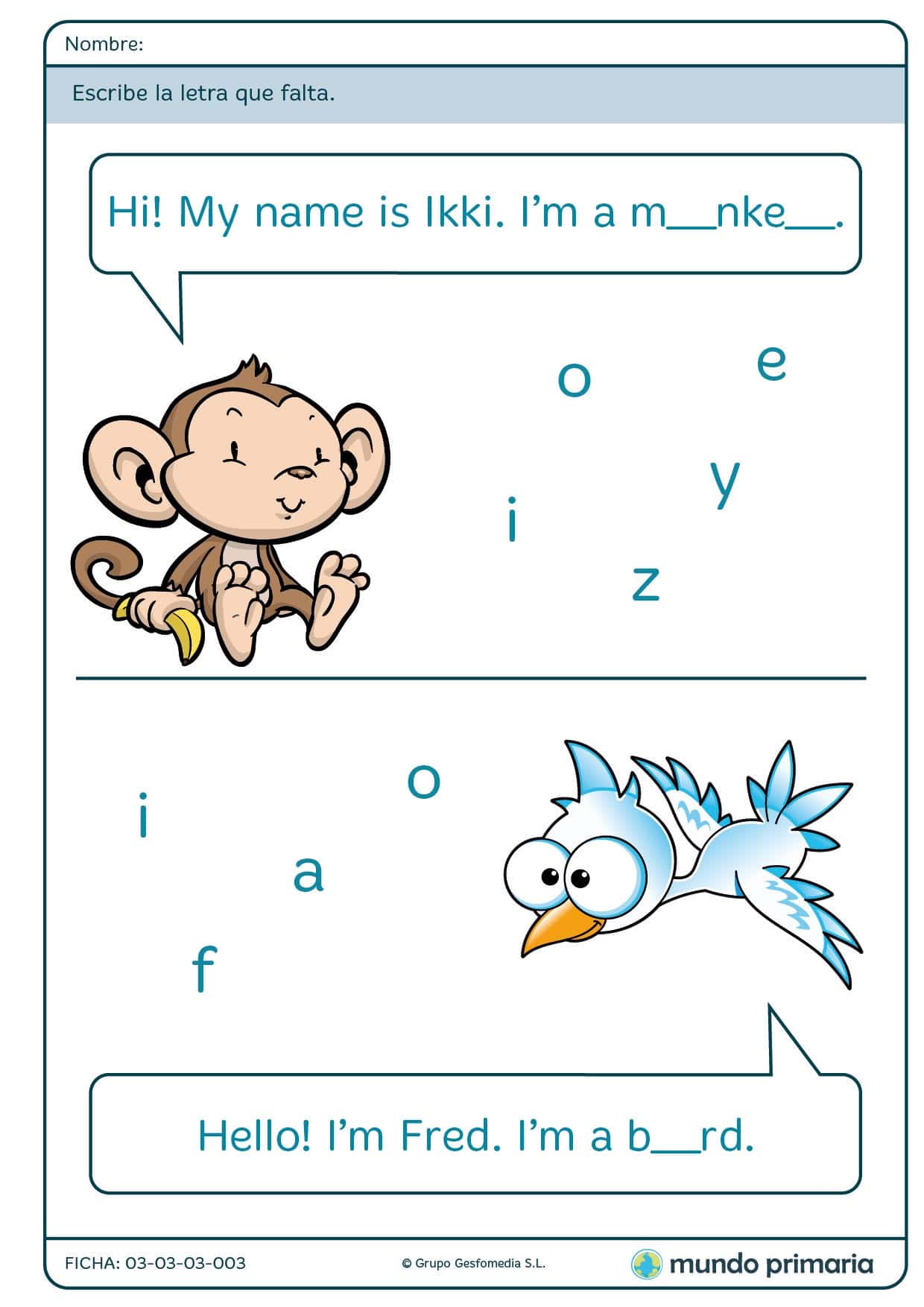 Ficha de completar los nombres de animales para primaria