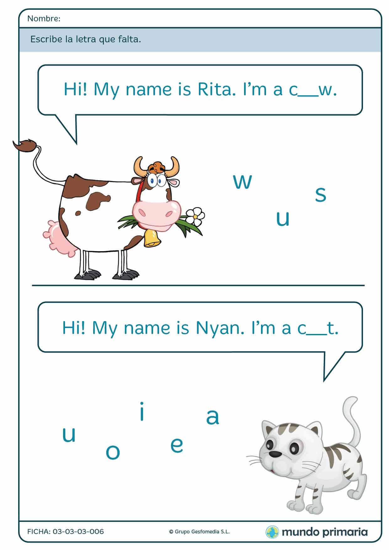 Ficha de los nombres de animales para primaria