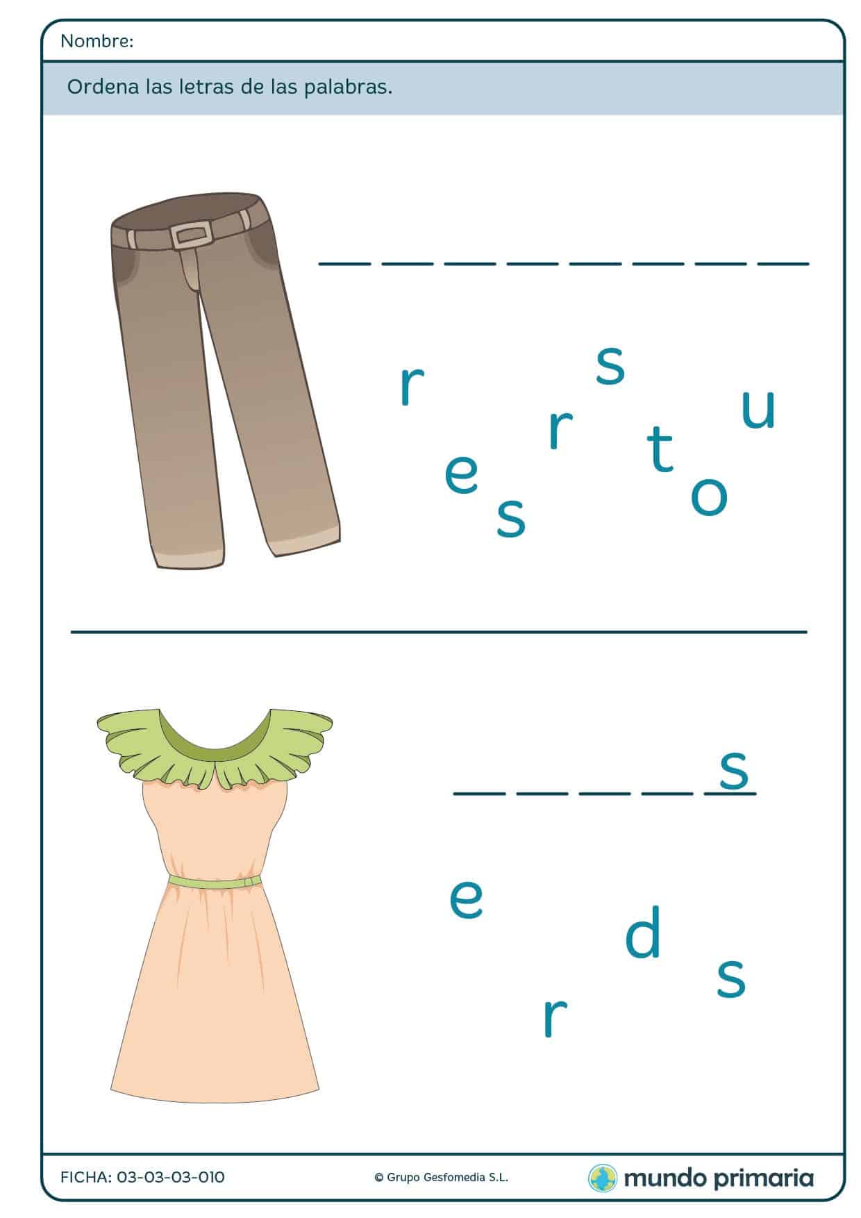 Ficha de palabras sobre ropa para primaria