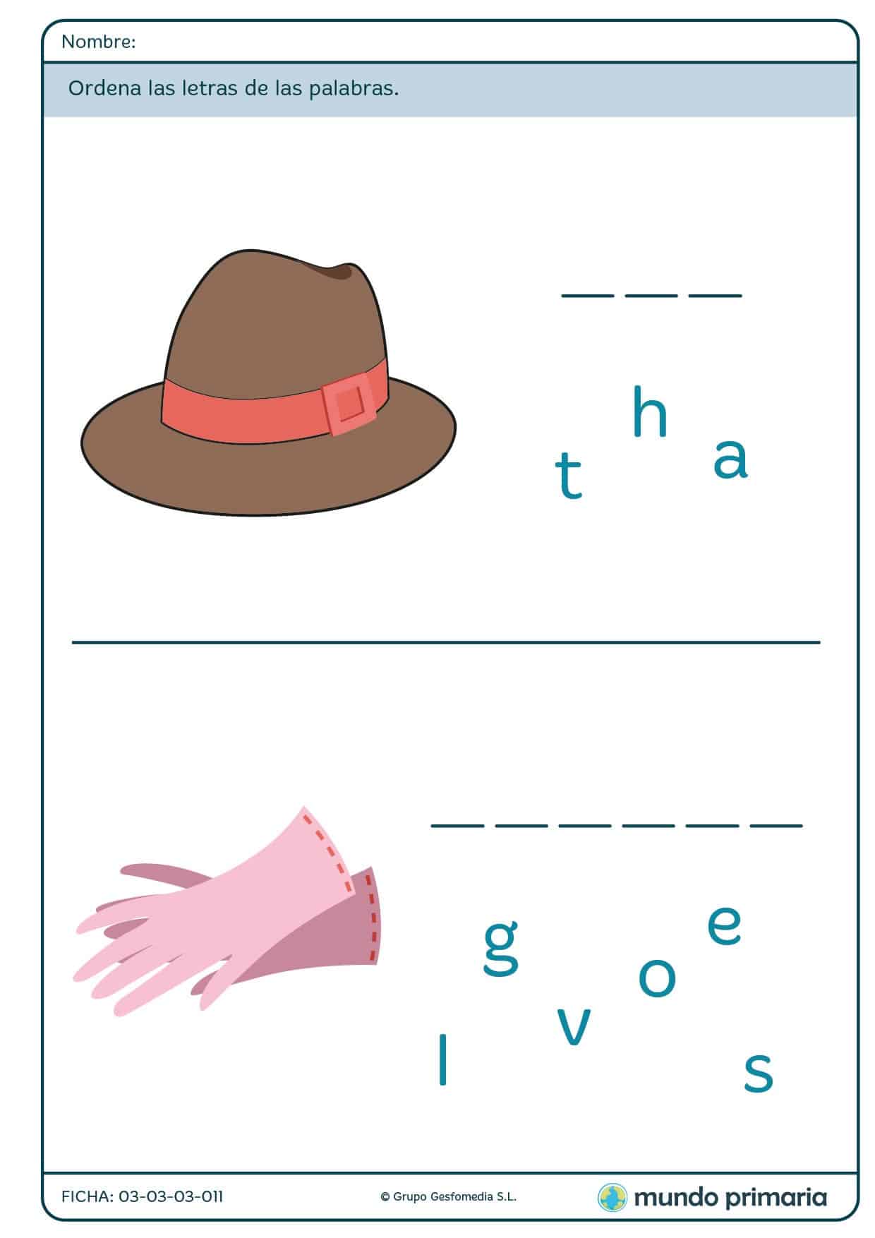 Ficha de completar palabras sobre ropa para primaria