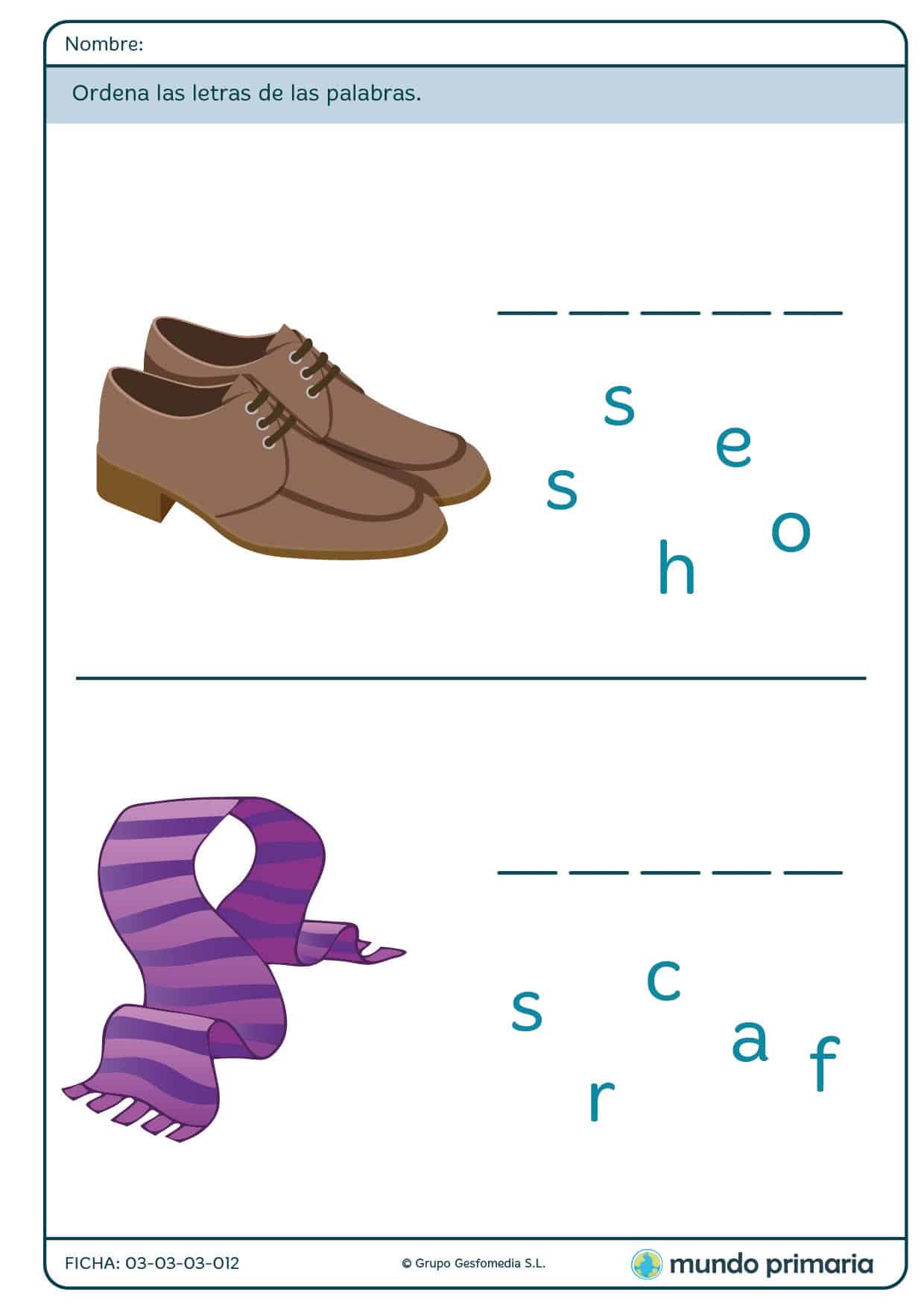 Ficha de componer palabras sobre ropa para primaria