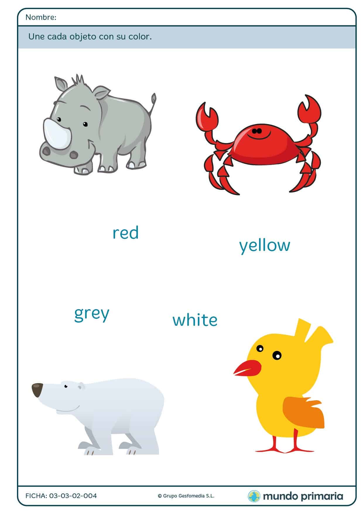 Ficha de unir cada animal con su color para primaria