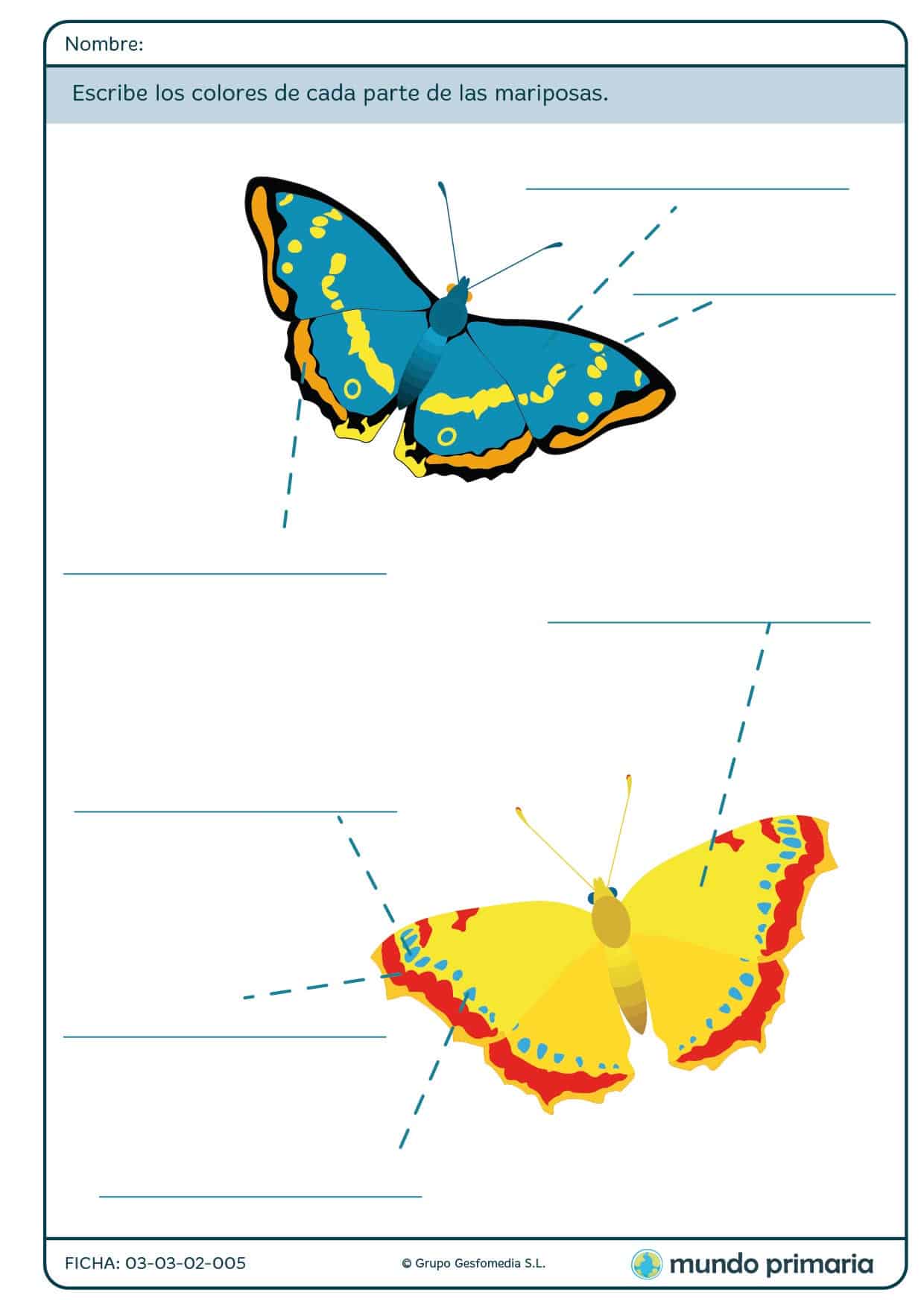 Ficha de escribir los colores de las mariposas para primaria