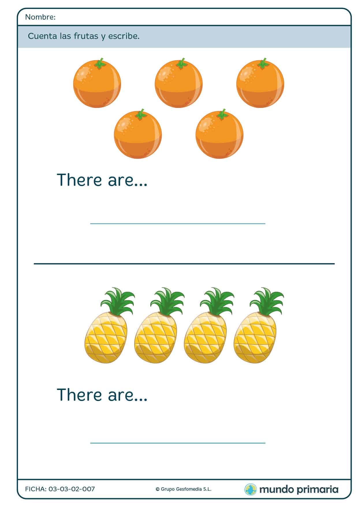 Ficha de identifcar el número de frutas para primaria