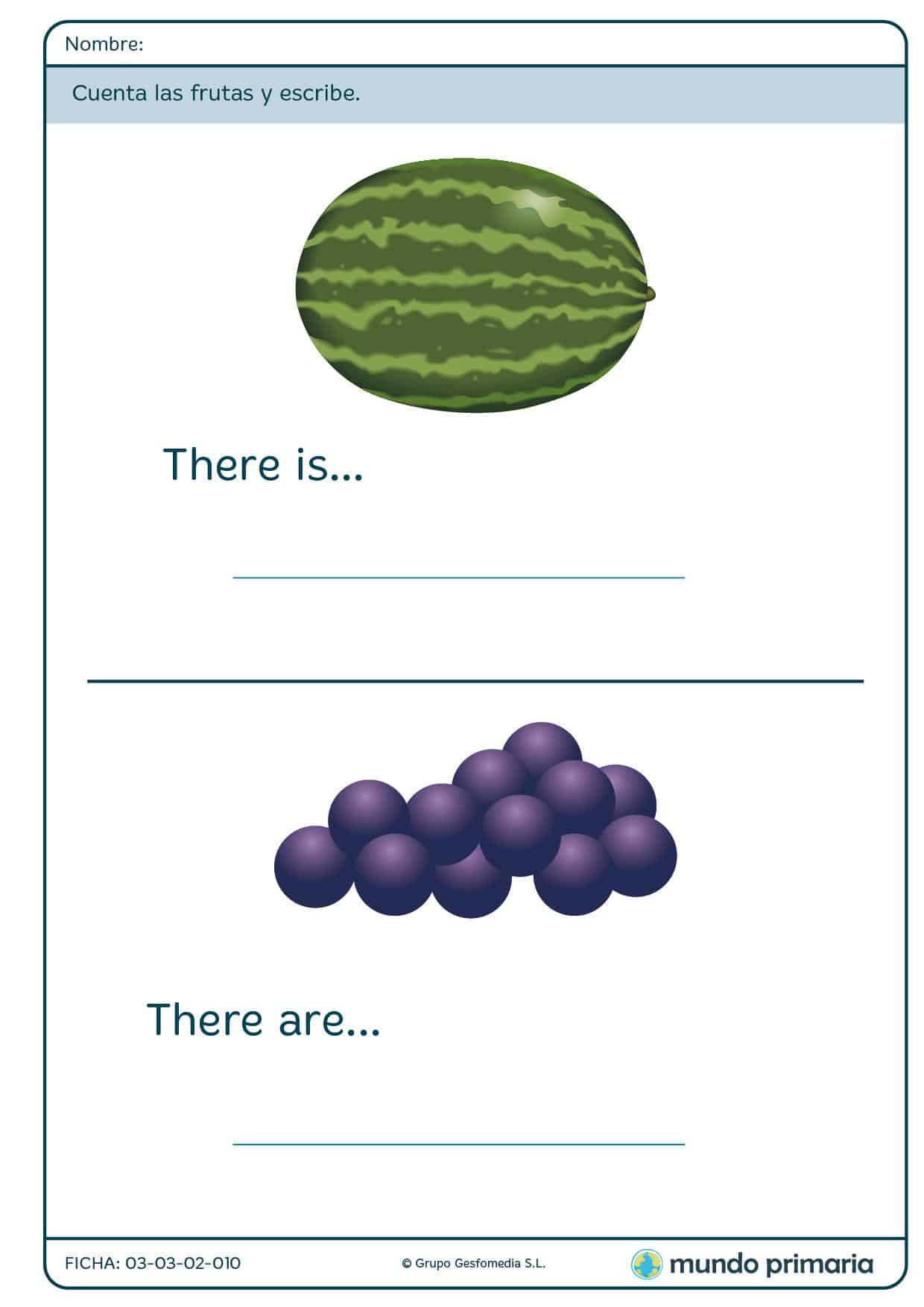 Ficha de cantidades de frutas para primaria