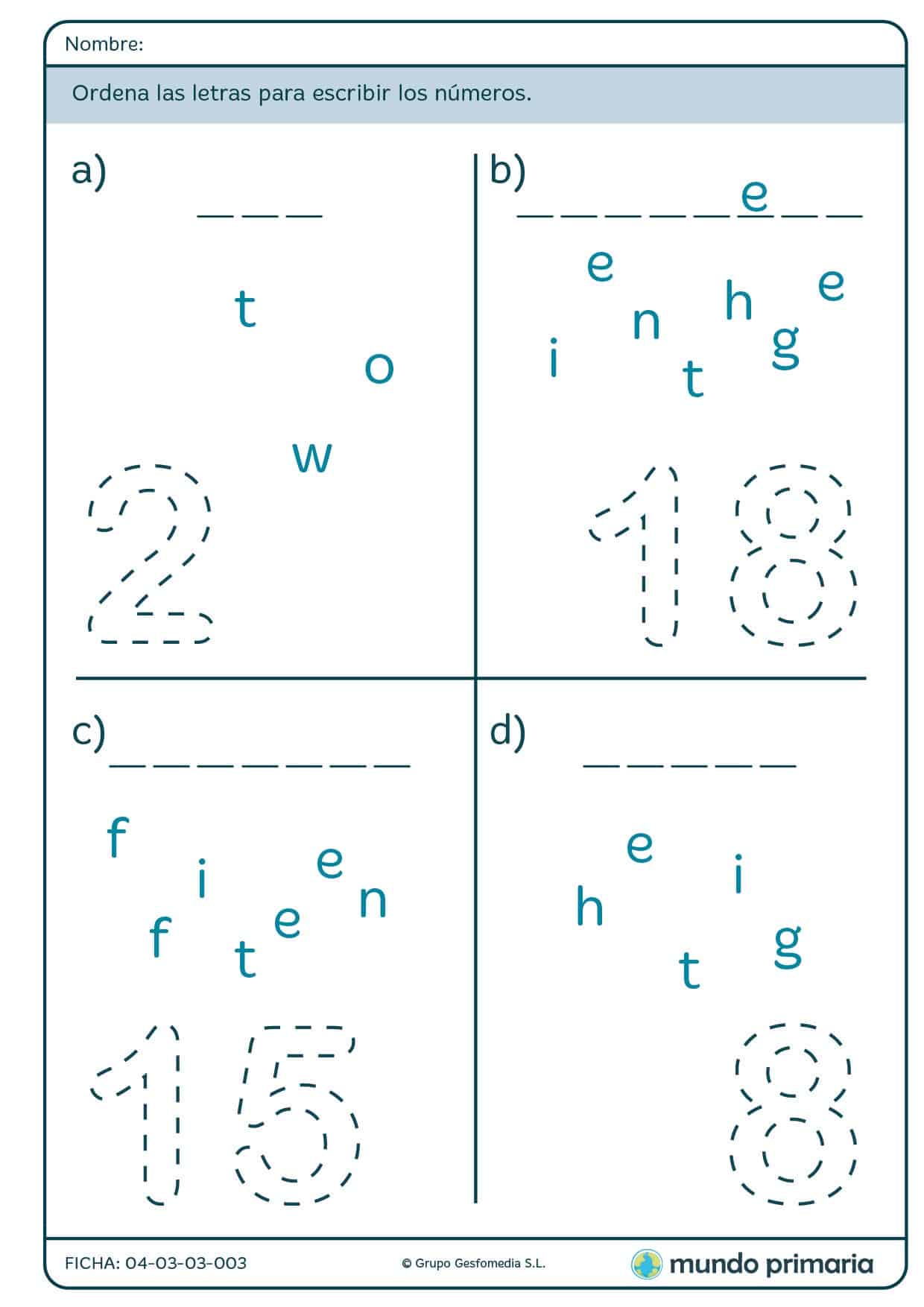 Ficha de ordenar letras para escribir números para primaria