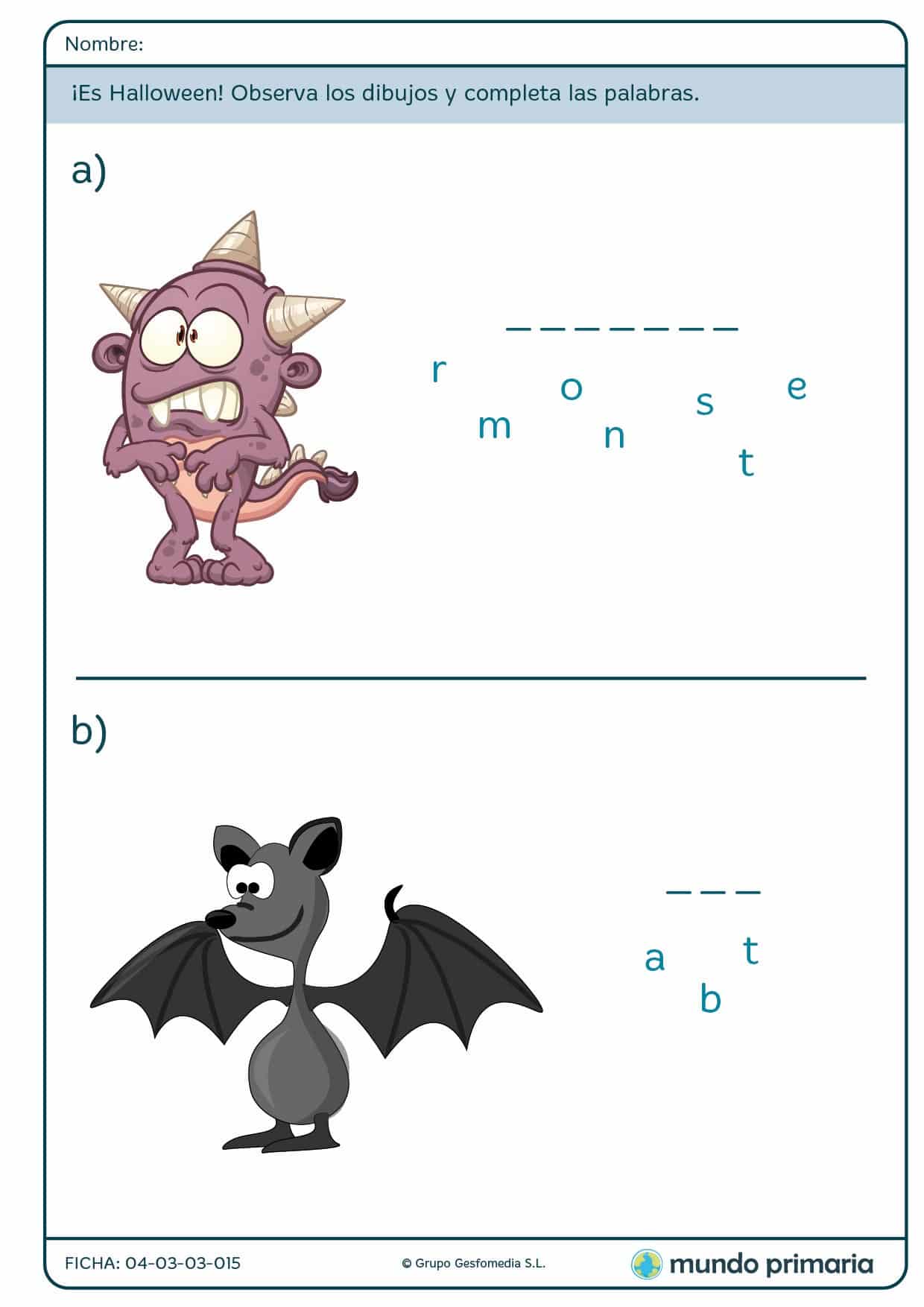 Ficha de formar palabras de Halloween para primaria