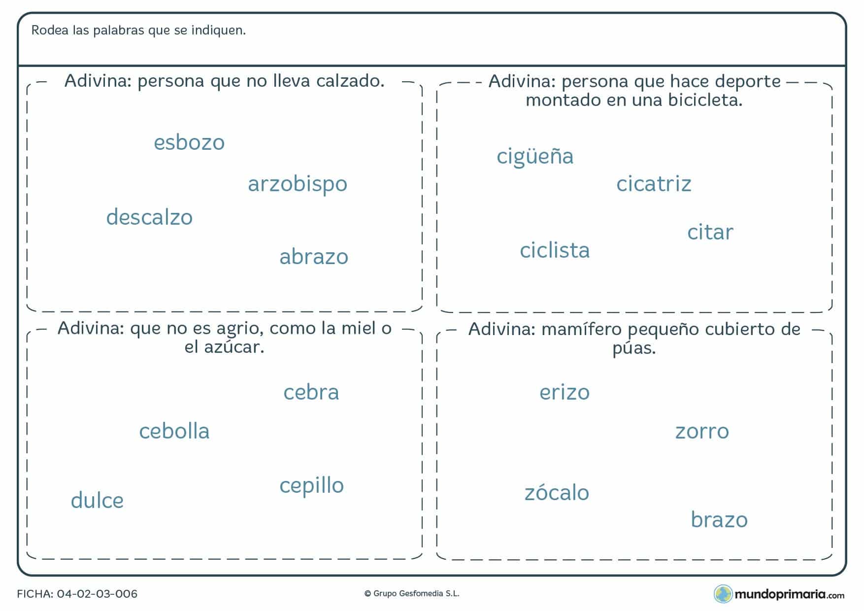 Ficha de adivinar el objeto con z según la definición en la que, observando la descripción dada, hay que identificar la palabra que se corresponde con ésta.