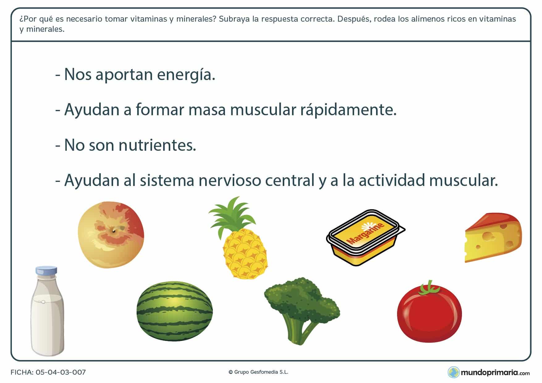 Ficha de los alimentos altos en vitaminas y minerales en el que se tiene que rodear las ímagenes de los alimentos altos en vitaminas y minerales.