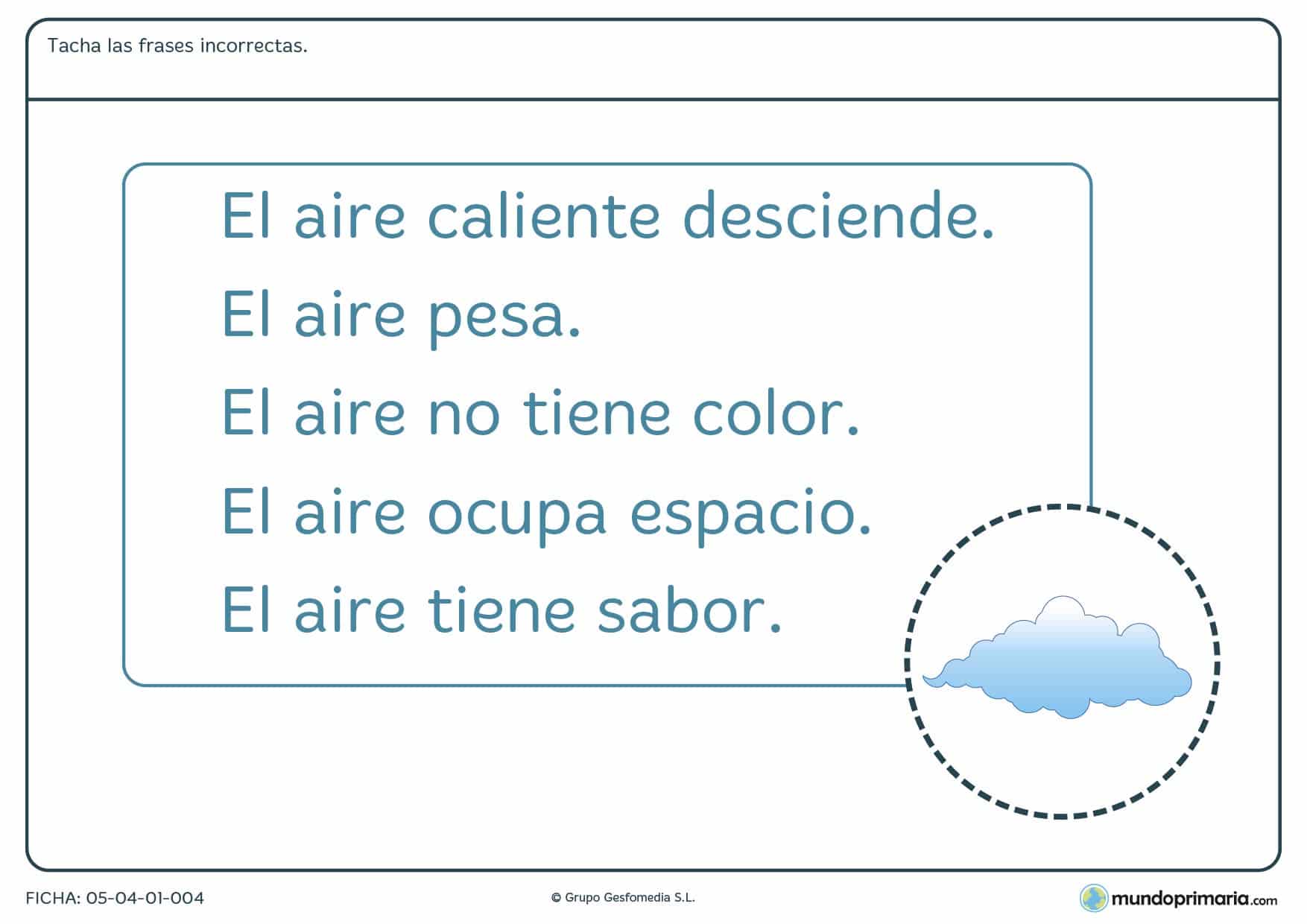 Ficha de características del aire en el que hay que tachar las frases que son incorrectas sobre el aire.