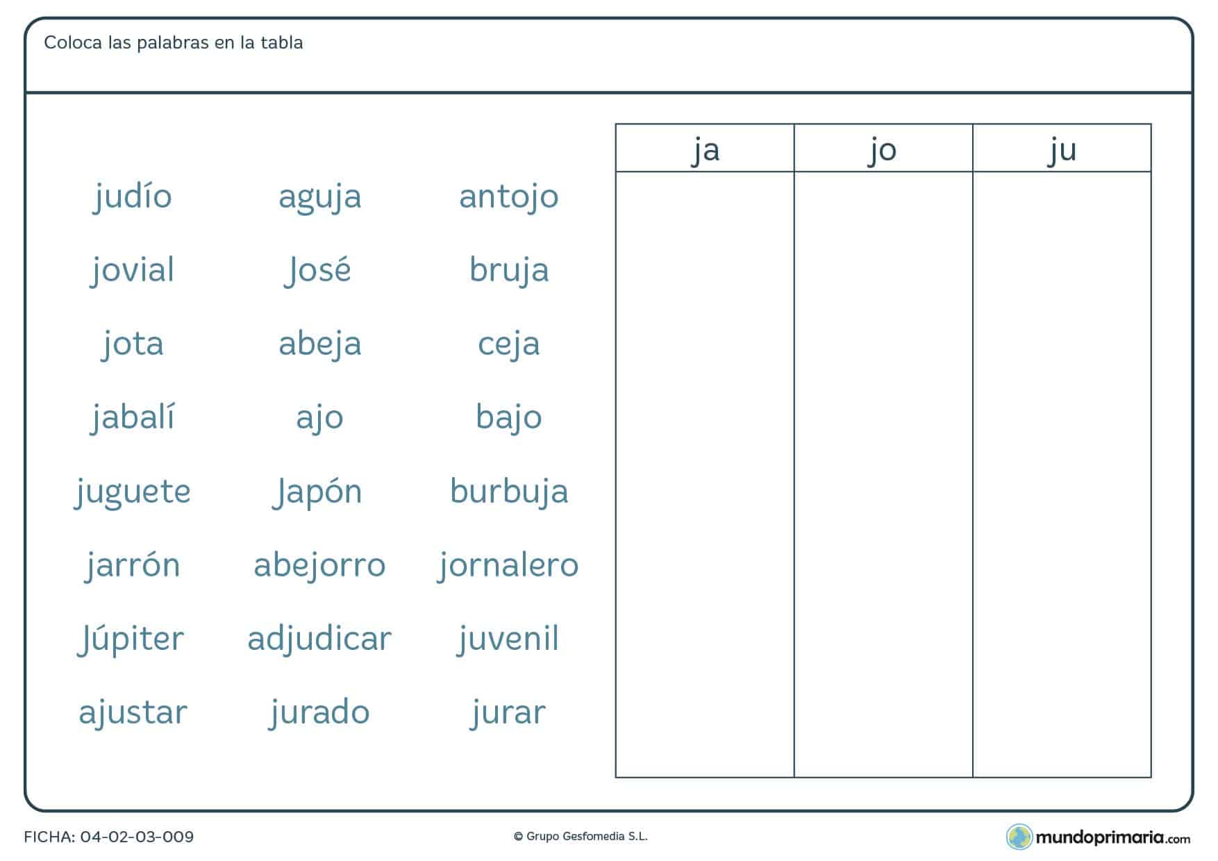 Ficha de colocar las palabras según sus sílabas en la que debes identificar las sílabas que se piden y colocar la palabra en la columna correspondiente.