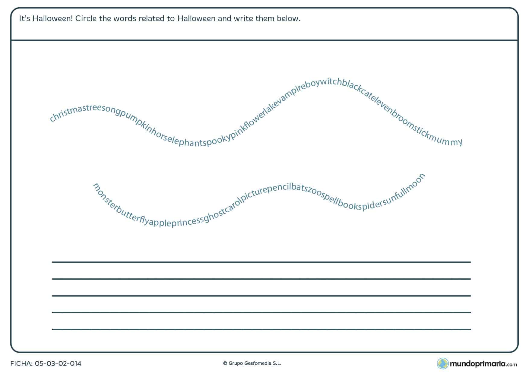Ficha de encontrar las palabras de Halloween en el que hay que rodear las palabras que se encuentren relacionadas con Halloween y escribirlas debajo después.