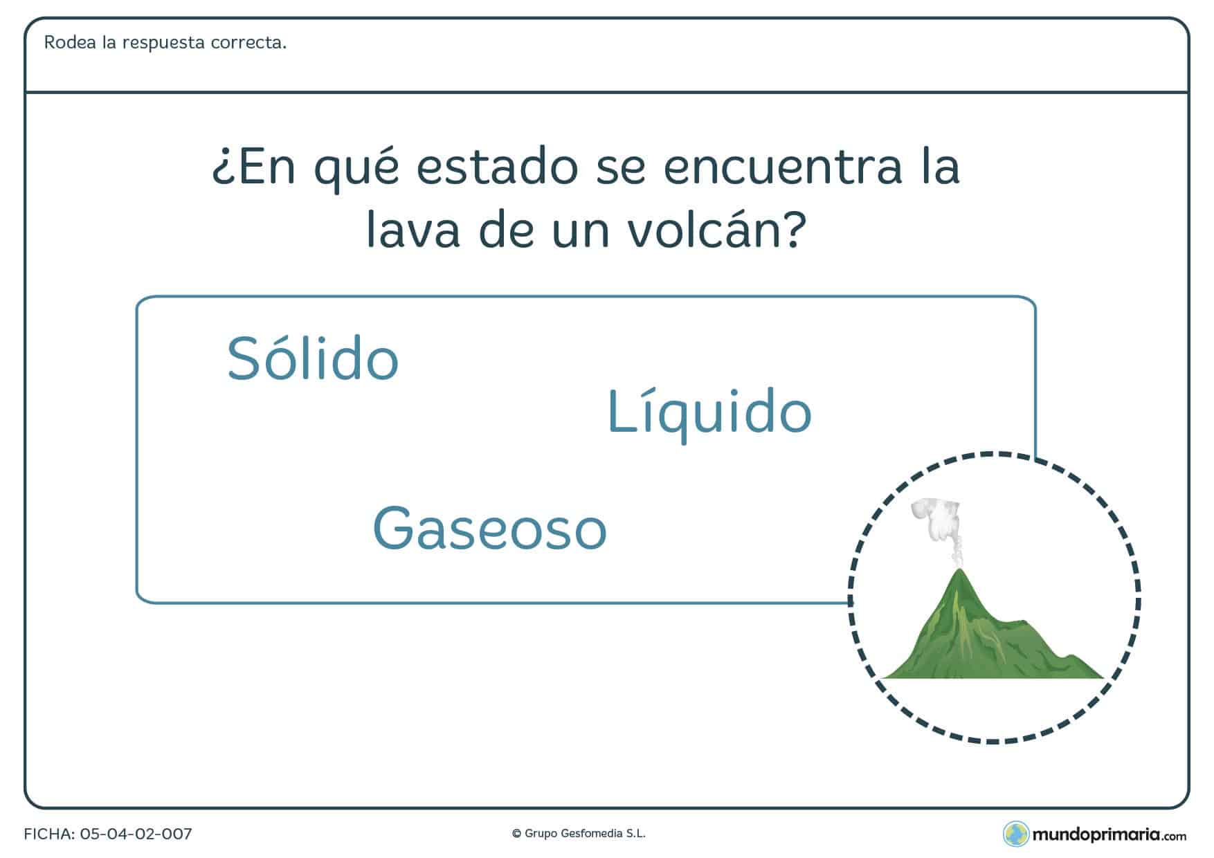 Ficha de indicar el estado de la materia en el que hay que rodear la opción correcta a la pregunta planteada.