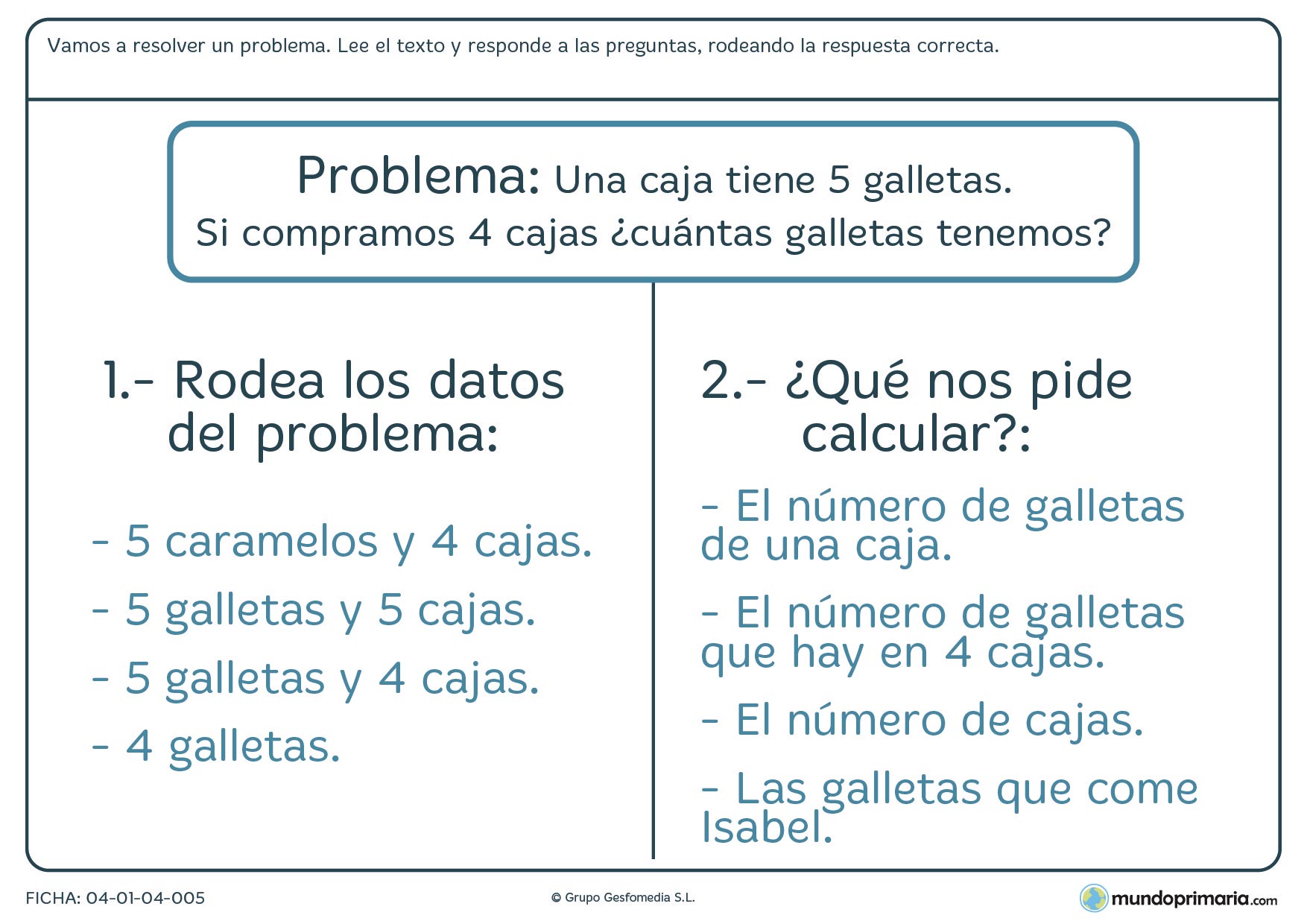 Ficha de resolver el problema sobre cajas de galletas en el que hay que leer un texto y responder a las preguntas sobre éste.