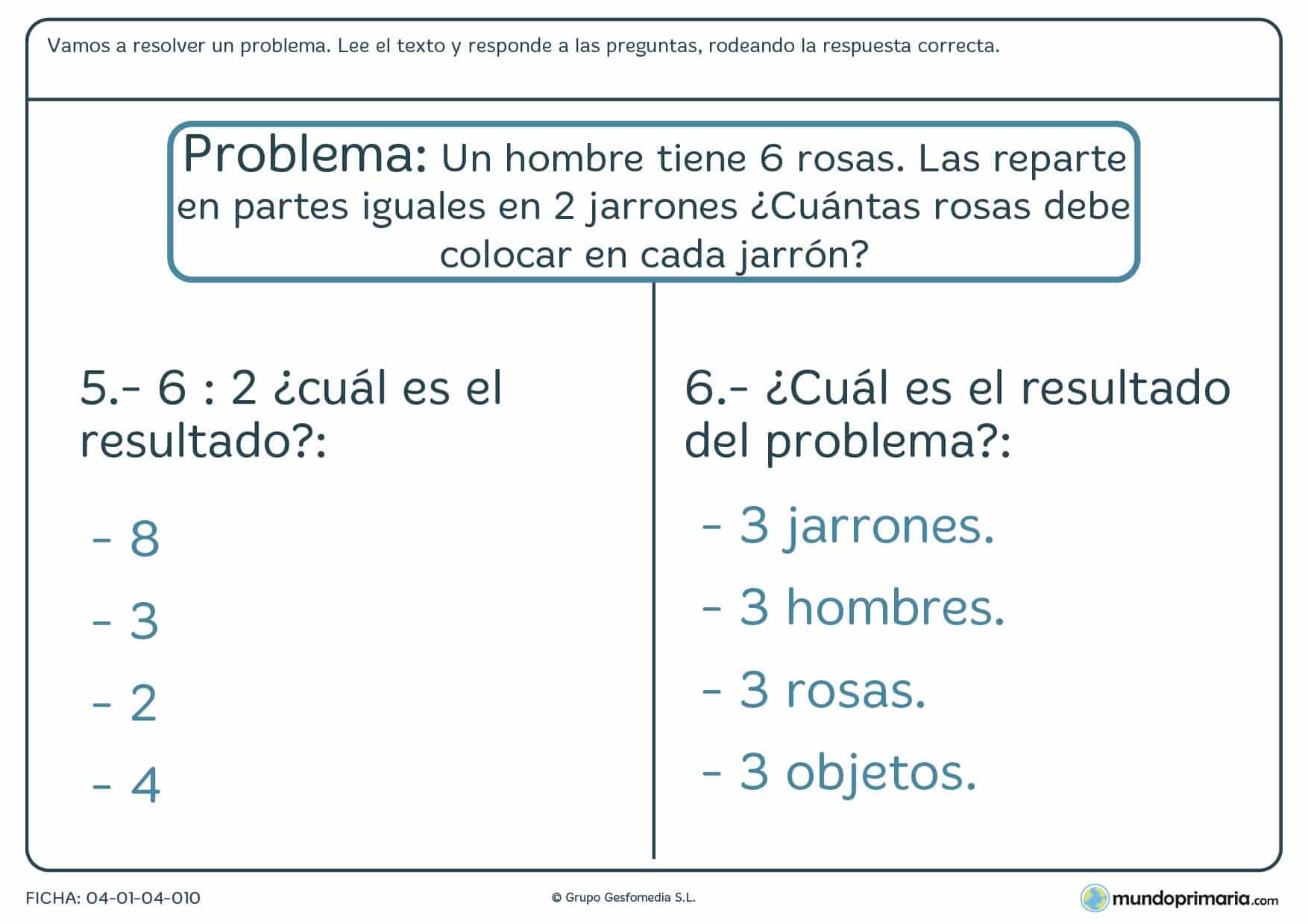 Ficha de responder a las preguntas sobre el problema en el que hay que leer un texto y responder a las preguntas sobre éste.