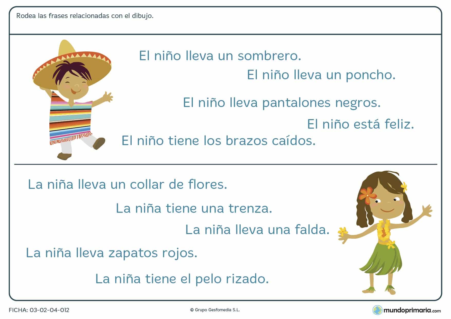 Ficha de rodear la frase que designa el dibujo para niños de primaria en la que debes identificar qué frase explica mejor el dibujo dado.