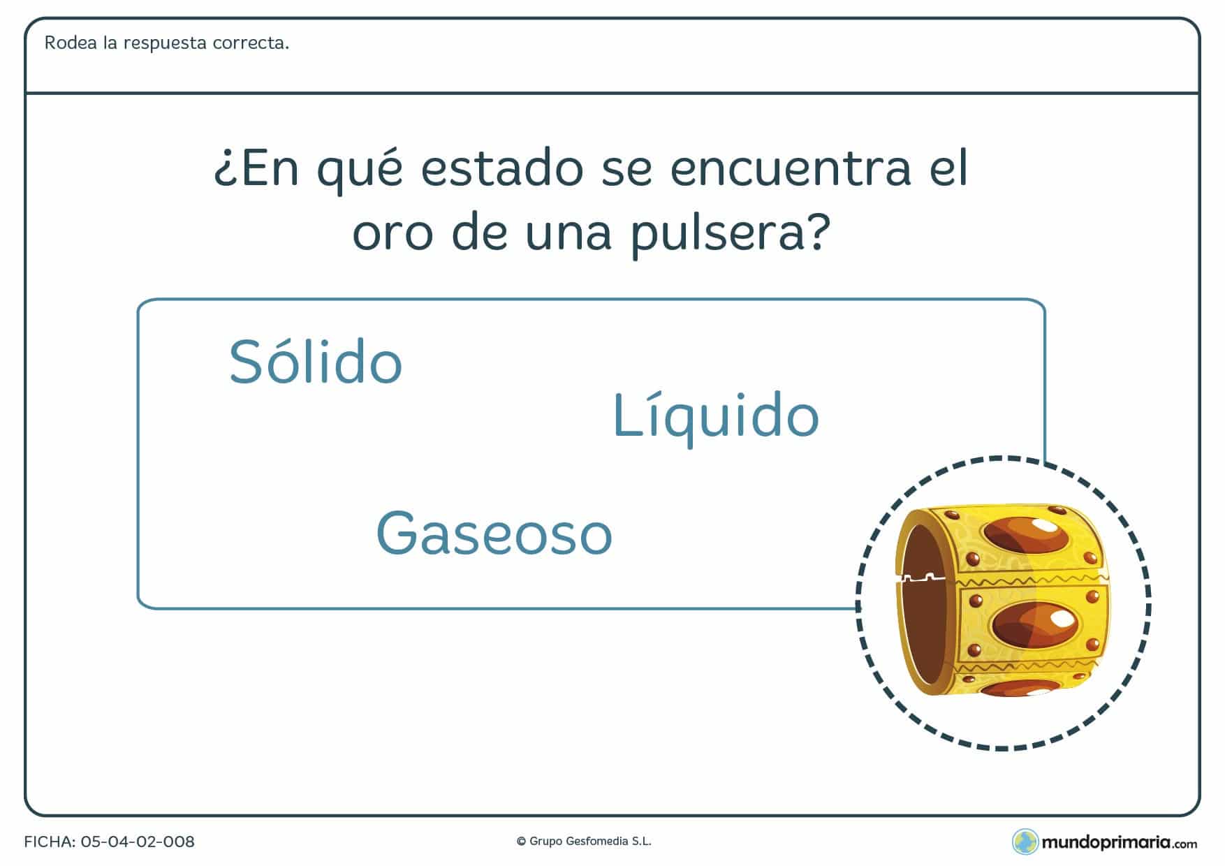 Ficha de señalar el estado de la materia en el que hay que rodear la opción correcta a la pregunta planteada.