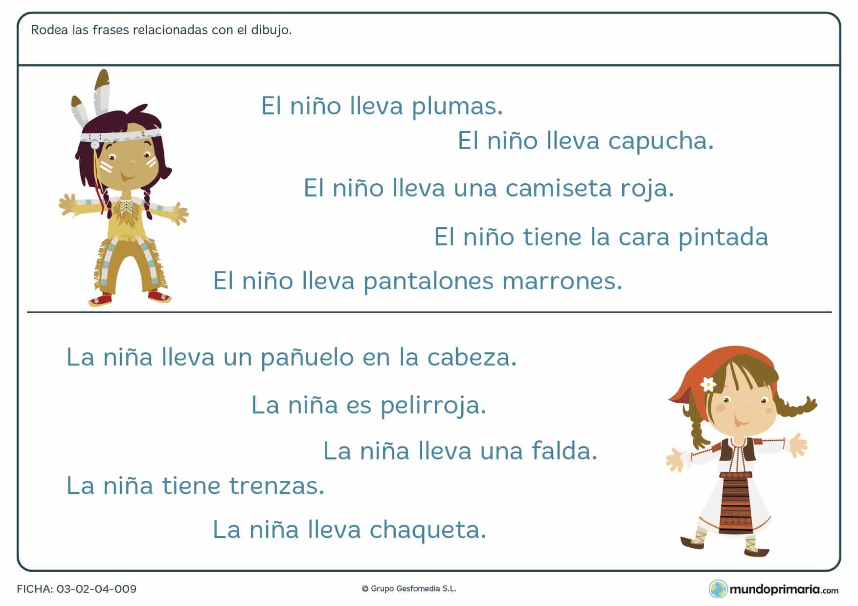 Ficha de unir palabras con imágenes para niños de primaria en la que debes identificar qué frase explica mejor el dibujo dado.