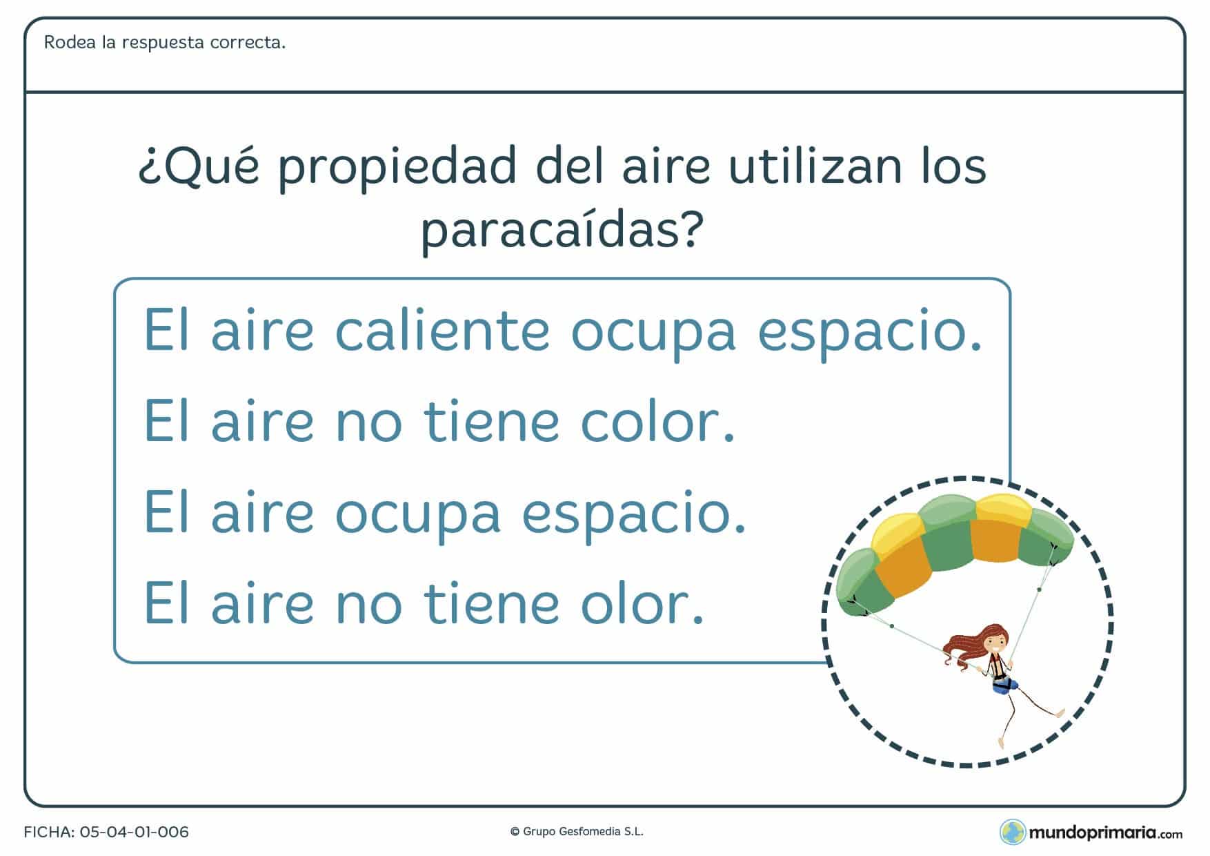 Ficha del aire y sus propiedades en el que se debe rodear la respuesta correcta a la pregunta planteada en el ejercicio.