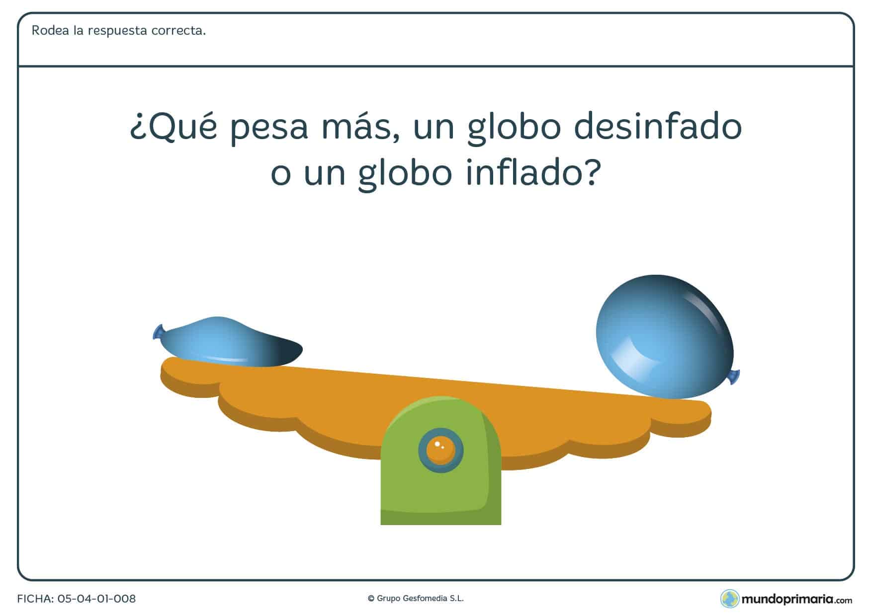 Ficha del peso del aire en el que se debe rodear la respuesta correcta a la pregunta planteada en el ejercicio.
