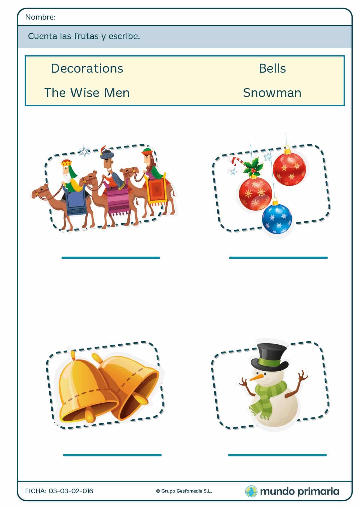 Ficha de palabras de la Navidad en inglés para primaria