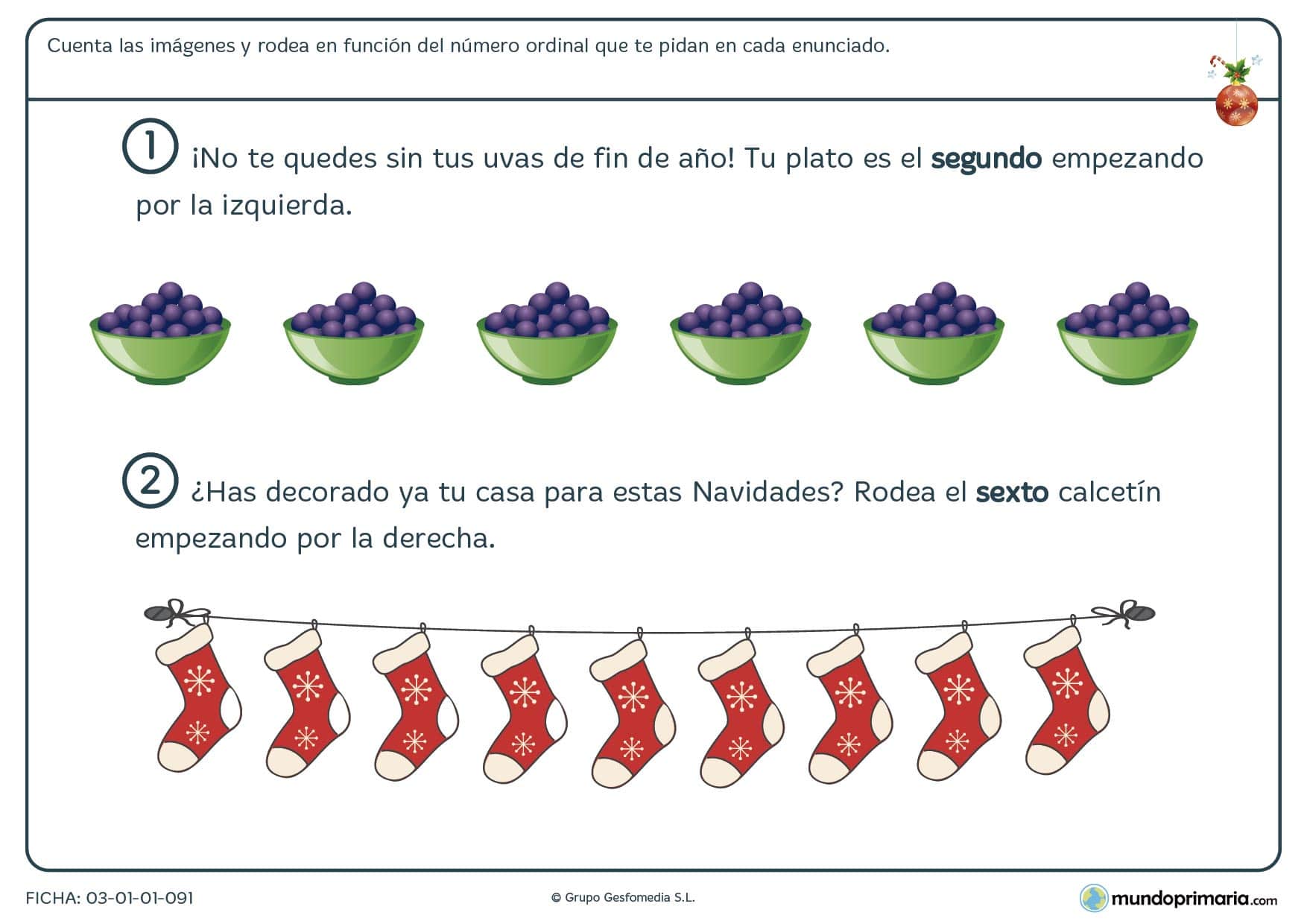 Ficha de Navidad de los números ordinales, decorada de la forma más navideña posible.