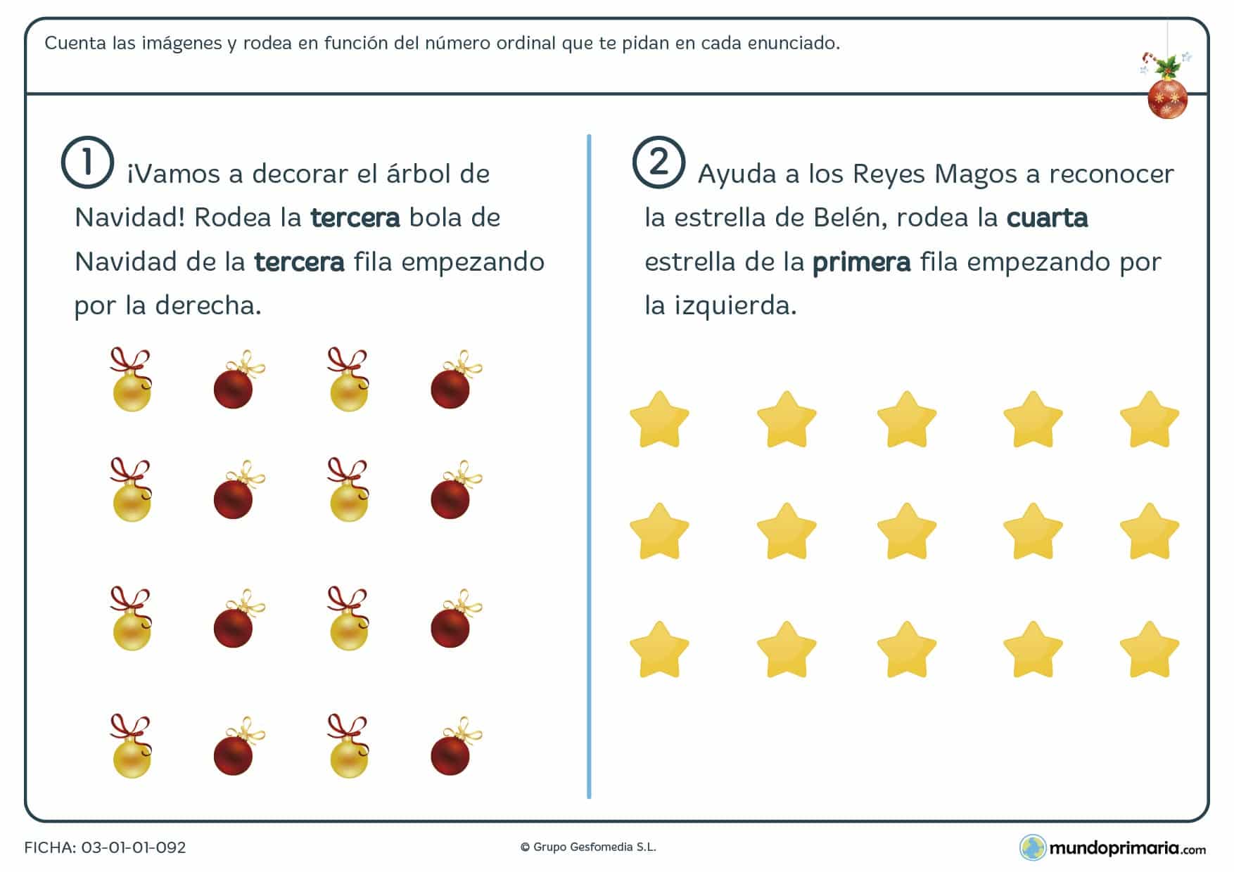 Ficha de repaso de los números ordinales relacionados con la Navidad y sus objetos característicos.