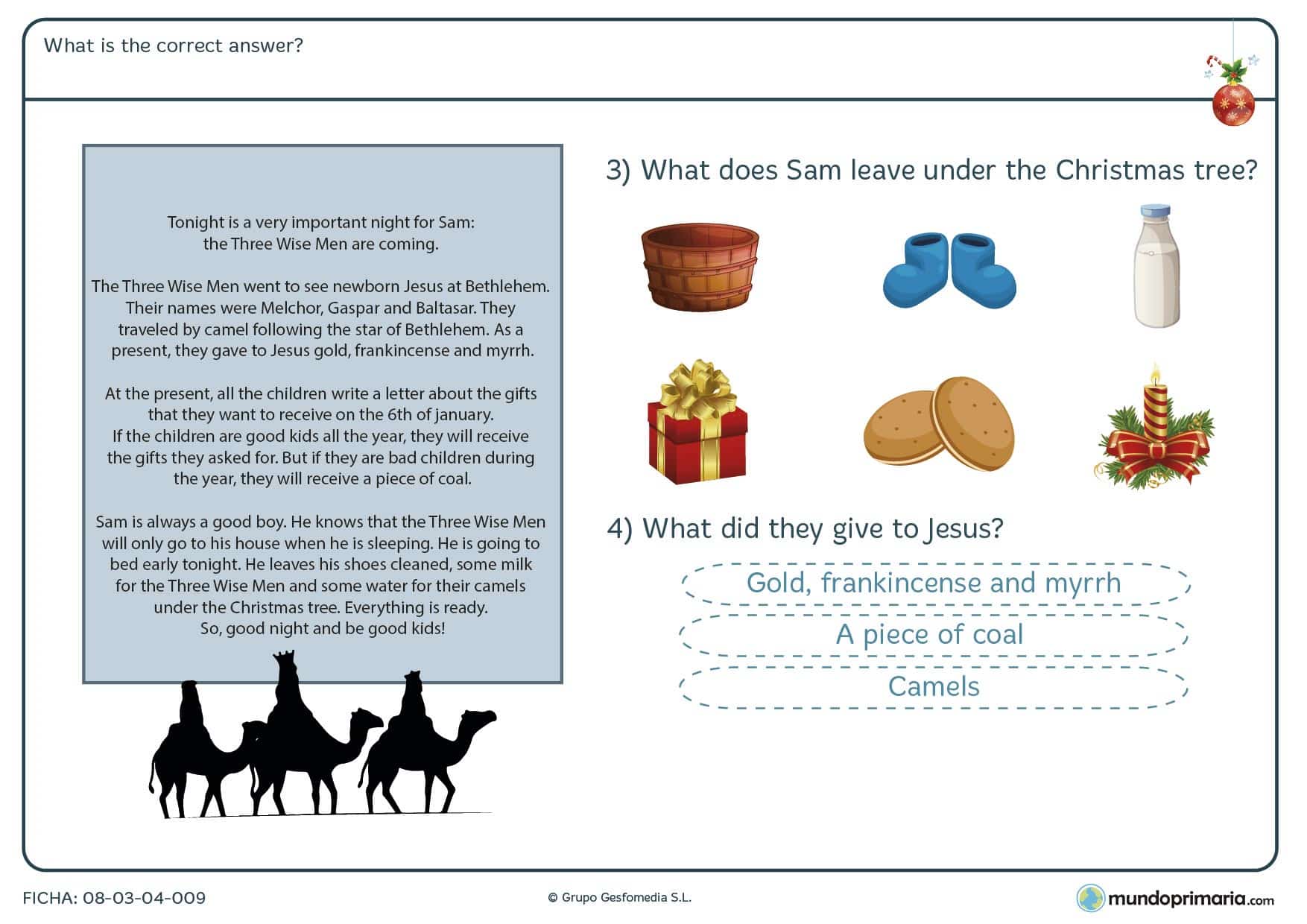 Ficha de repaso de reading con temas navideños para niños de primaria centrado en responder preguntas sobre un texto.
